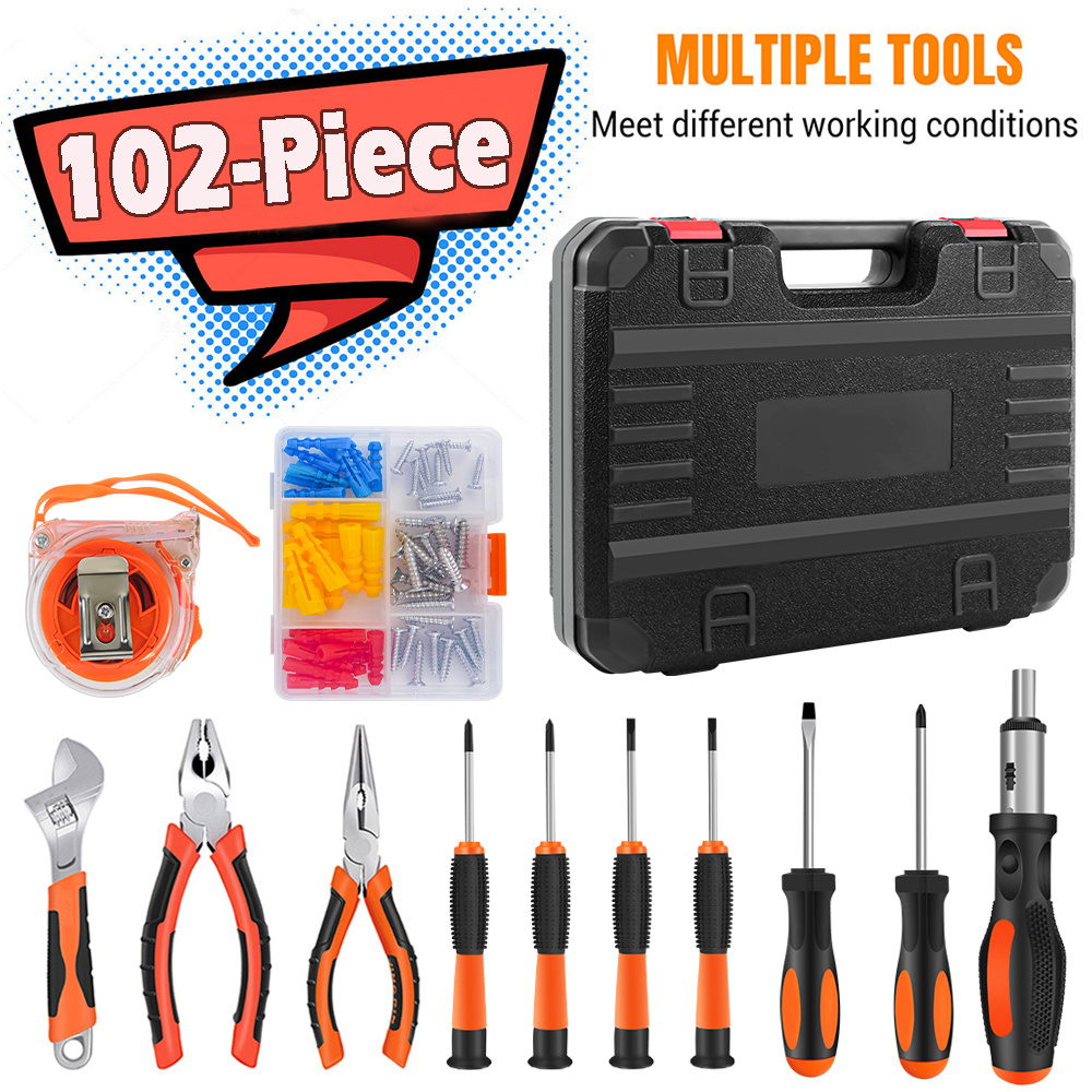 E-shop 102-teiliges Handwerkzeug-Set - Universelles Haushaltswerkzeug-Set mit Schraubendreher, Schraubenschlüssel, Zange, Klebeband usw. - Befülltes