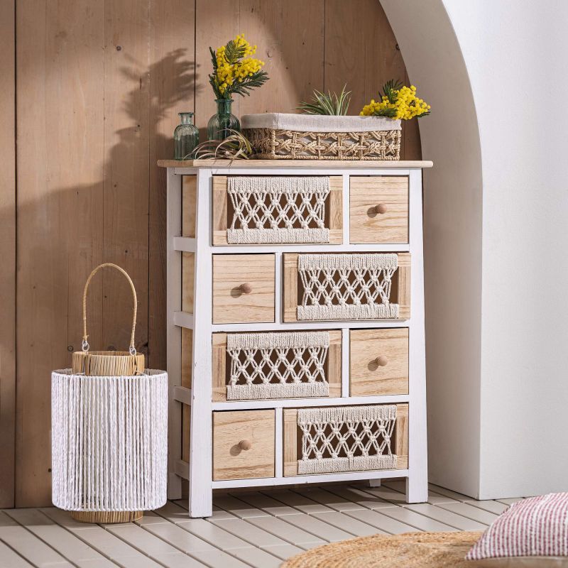 Image of Dresser "macrame" Made Of Wood & Textile, 56 X 77 Cm, 8 Drawers, Bohemian Chic Dresser