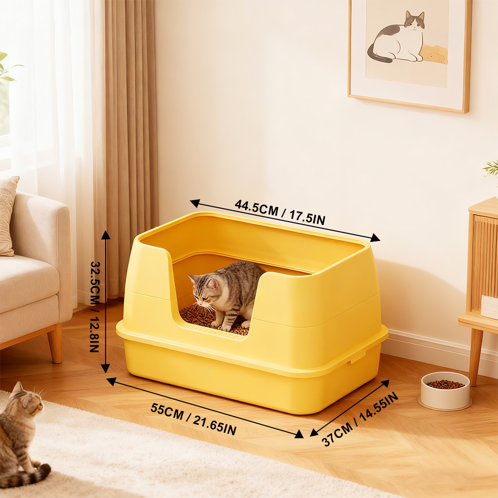 Litter Box With Open Lid, With Scoop, In Grey/yellow Colors, , High- Design, Leak-proof, Made Of Plastic, To Clean, Suitable For Use At Home And With Pets.