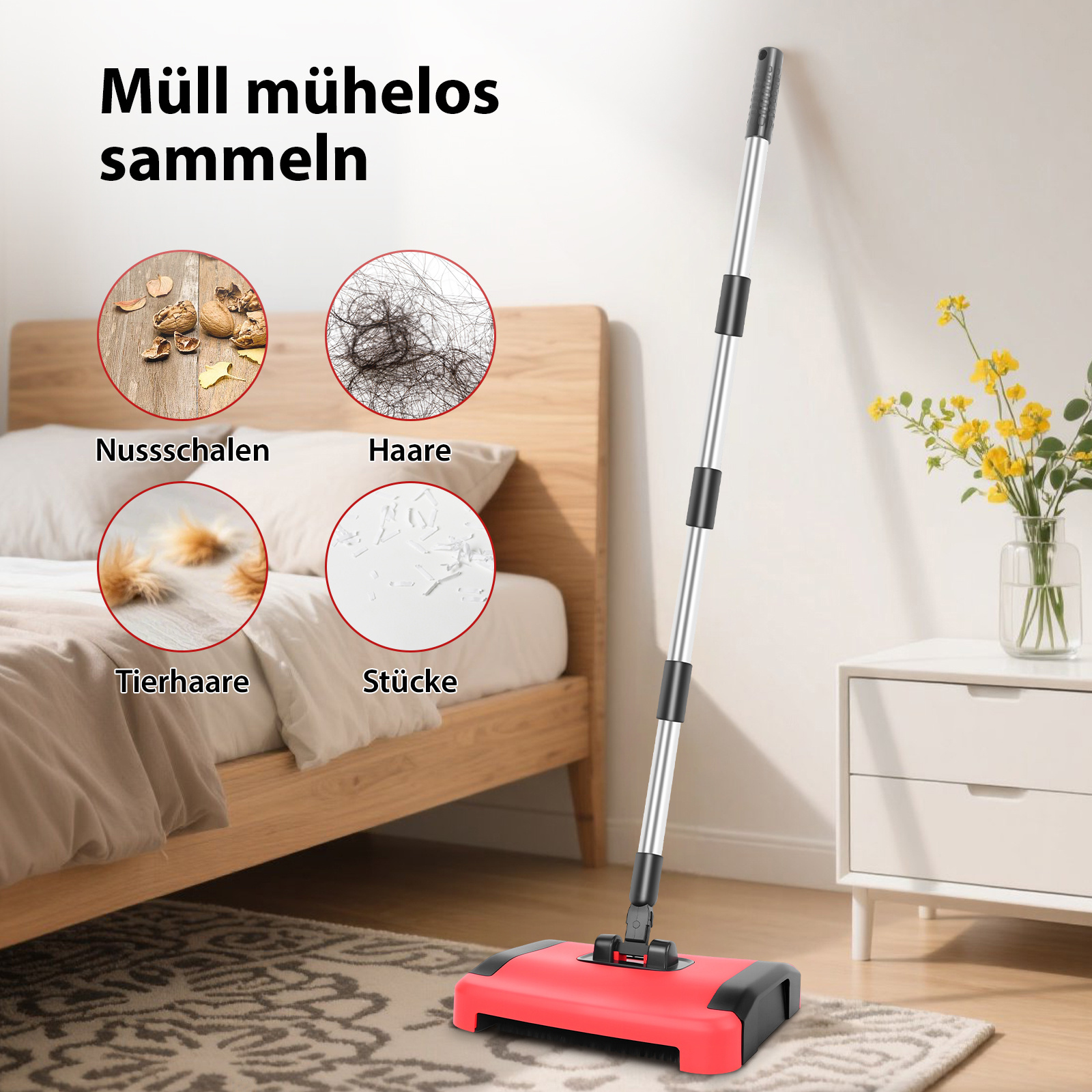 E-shop Teppichkehrer, manueller Reiniger, Bodenstaubwedel, Besen, Haustier-Kehrer, 180° drehbar, manueller Teppichkehrer für harte Böden und Teppiche,