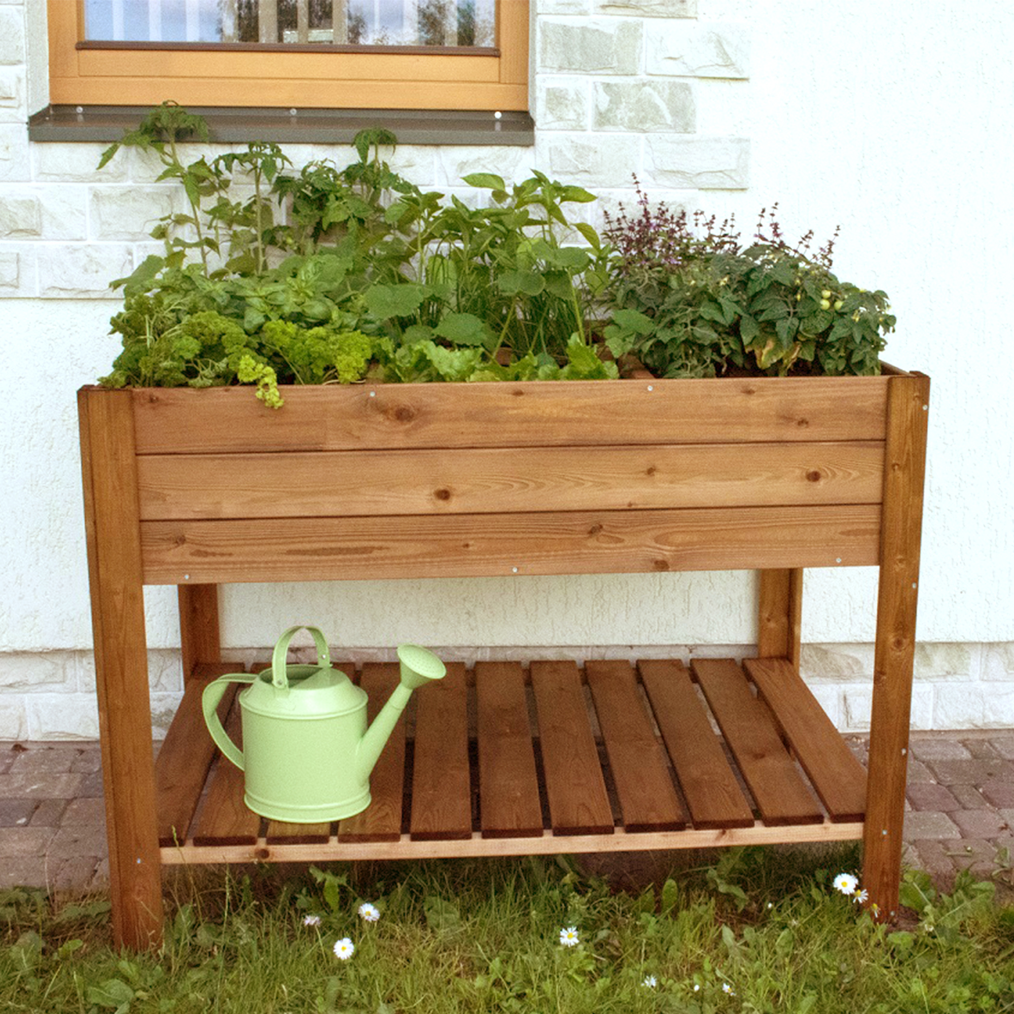 Wooden Raised Bed With Shelf, Planter Box 110 X 60 Cm, Bed With 6 Planting Zones