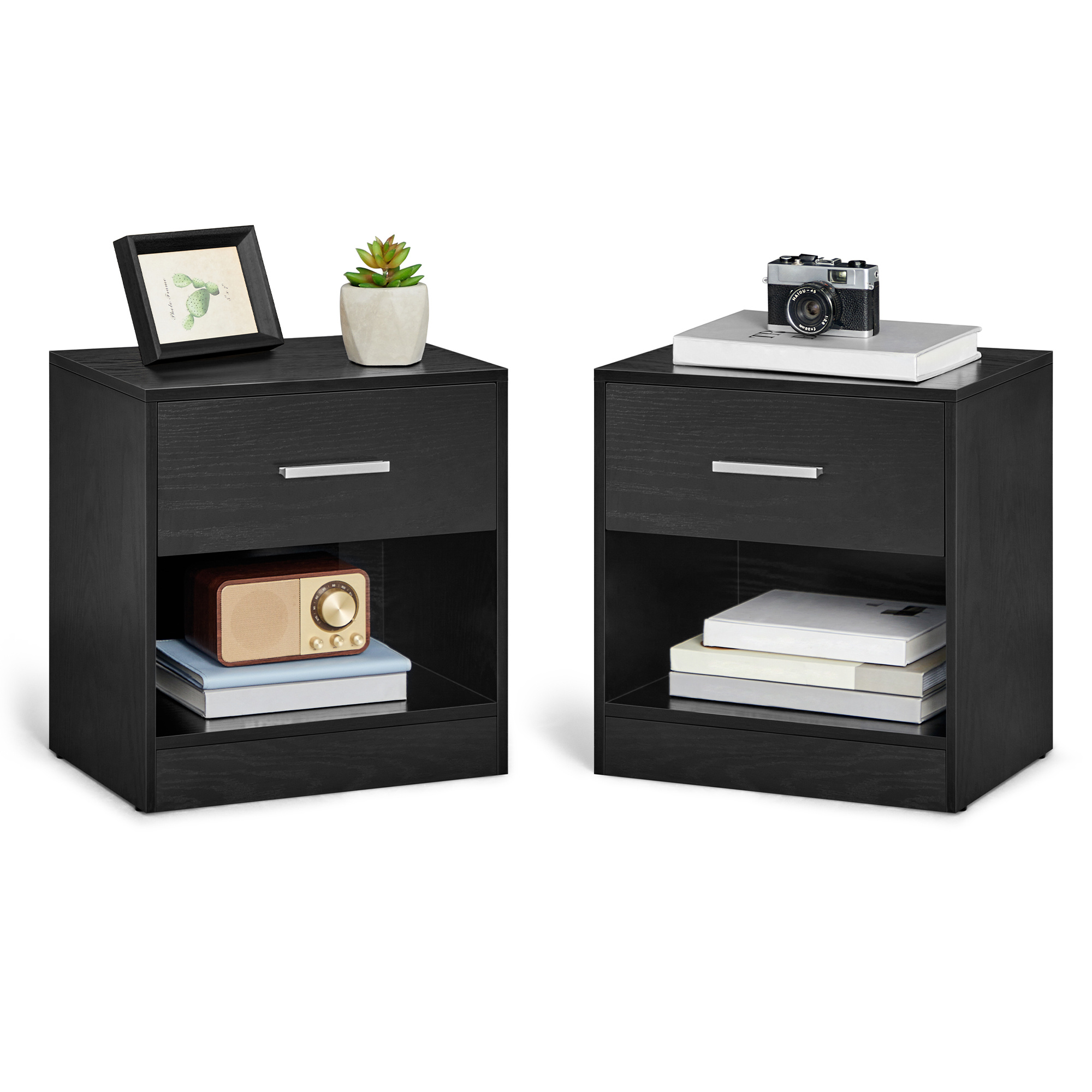 E-shop 2er Set Nachttisch, Beistelltisch, mit Schublade, offenes Fach, Couchtisch, Schlafzimmer, Wohnzimmer