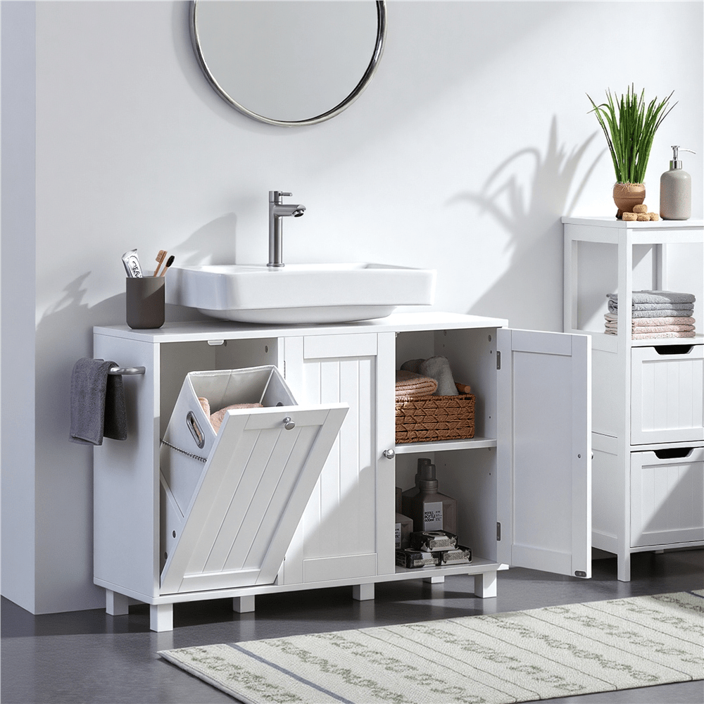 Image of Costoffs Bathroom Vanity With Integrated Laundry Basket Cabinet With 3 Doors Adjustable Shelves Bathroom Cabinet With Towel Holder
