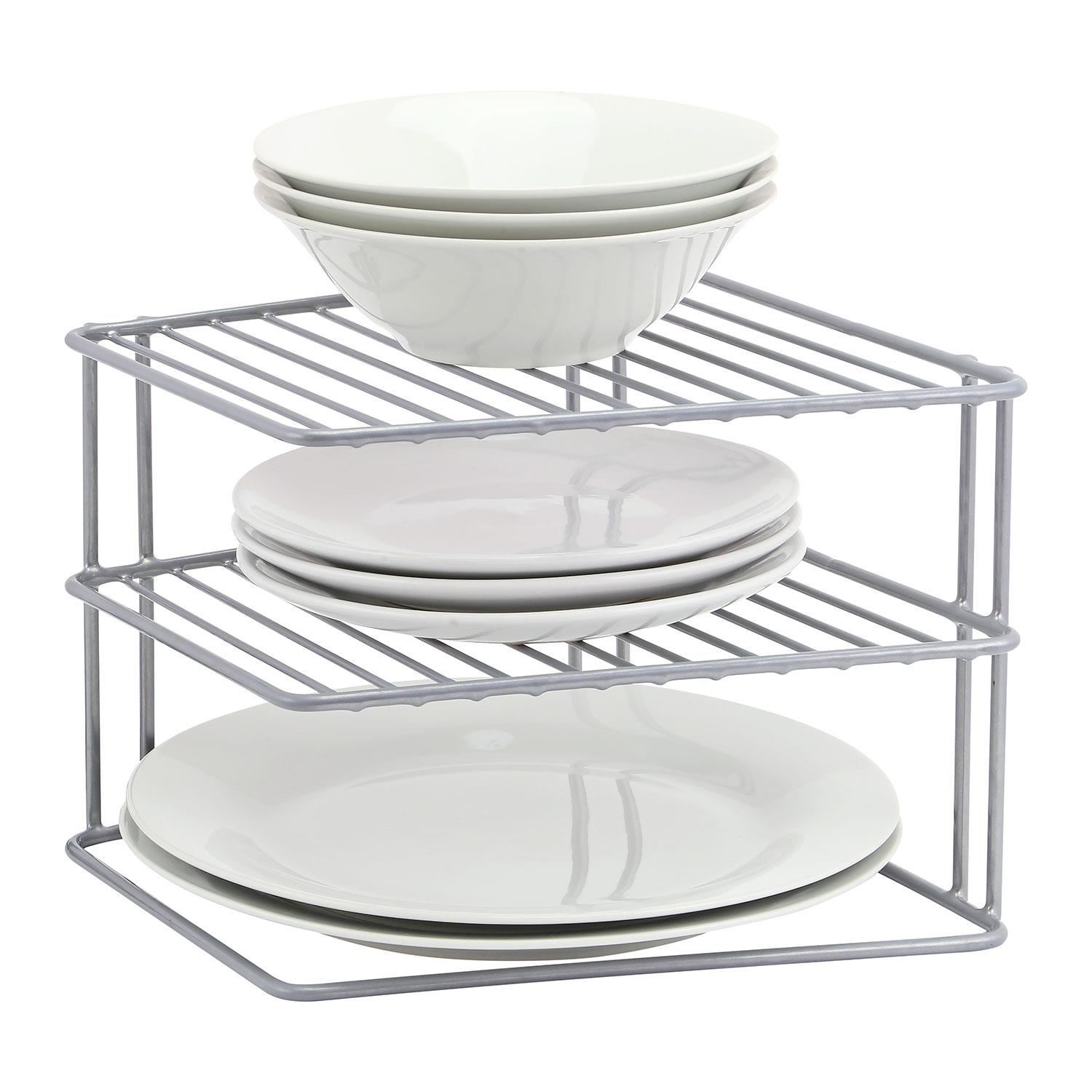 TEMU 3 Tier Kitchen Corner Plate Rack Cupboard Shelf Insert Organiser Space Saving Storage Unit For Plates Bowls Cups & Dishes Premium (grey)