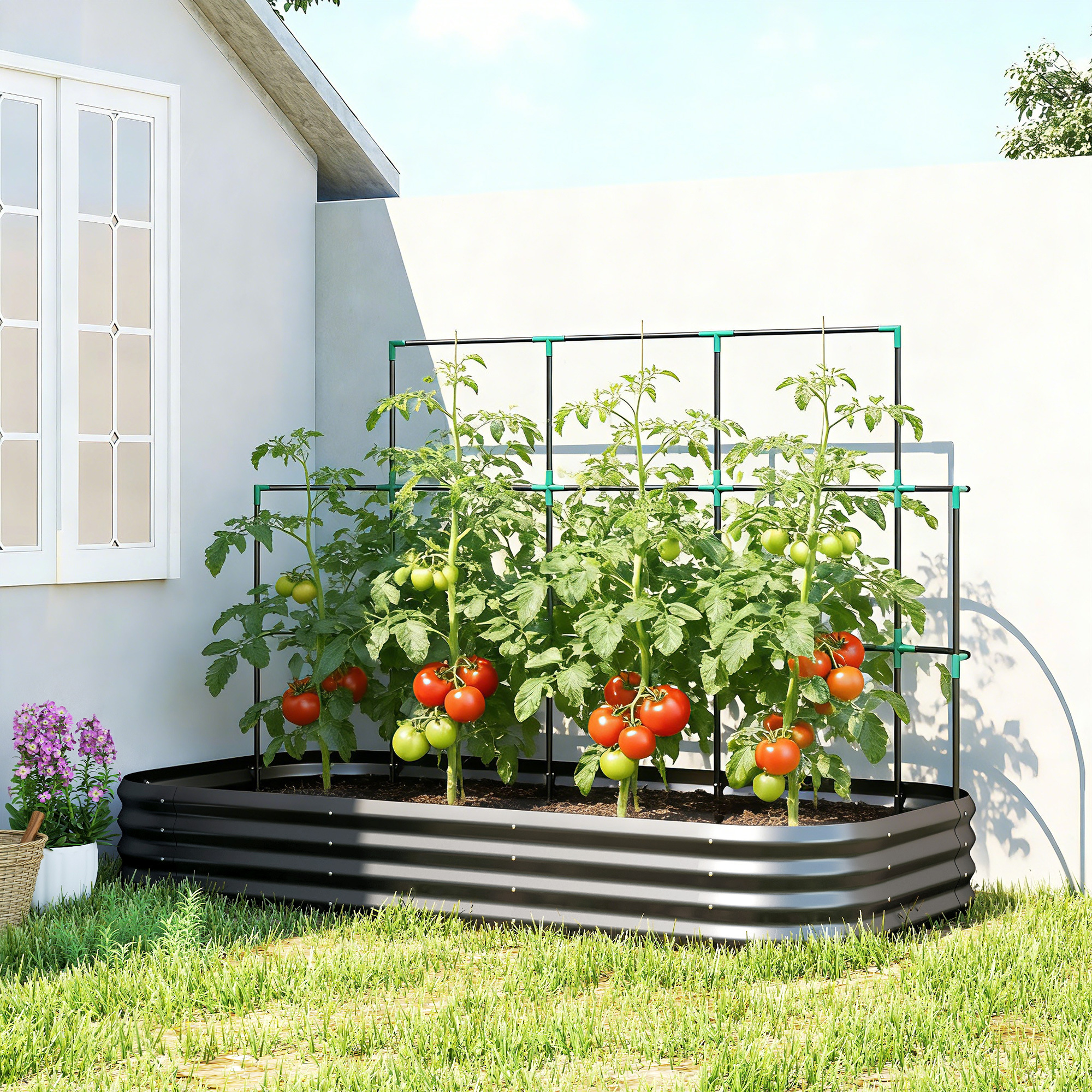 Image of Raised Garden Bed With Trellis, Metal Planter Box With Protective Edge, Gloves, Garden Box, Cold Frame, Bed For Garden, Climbing Vegetables, Flowers, 220 X 110 X 150 Cm, Dark Gray