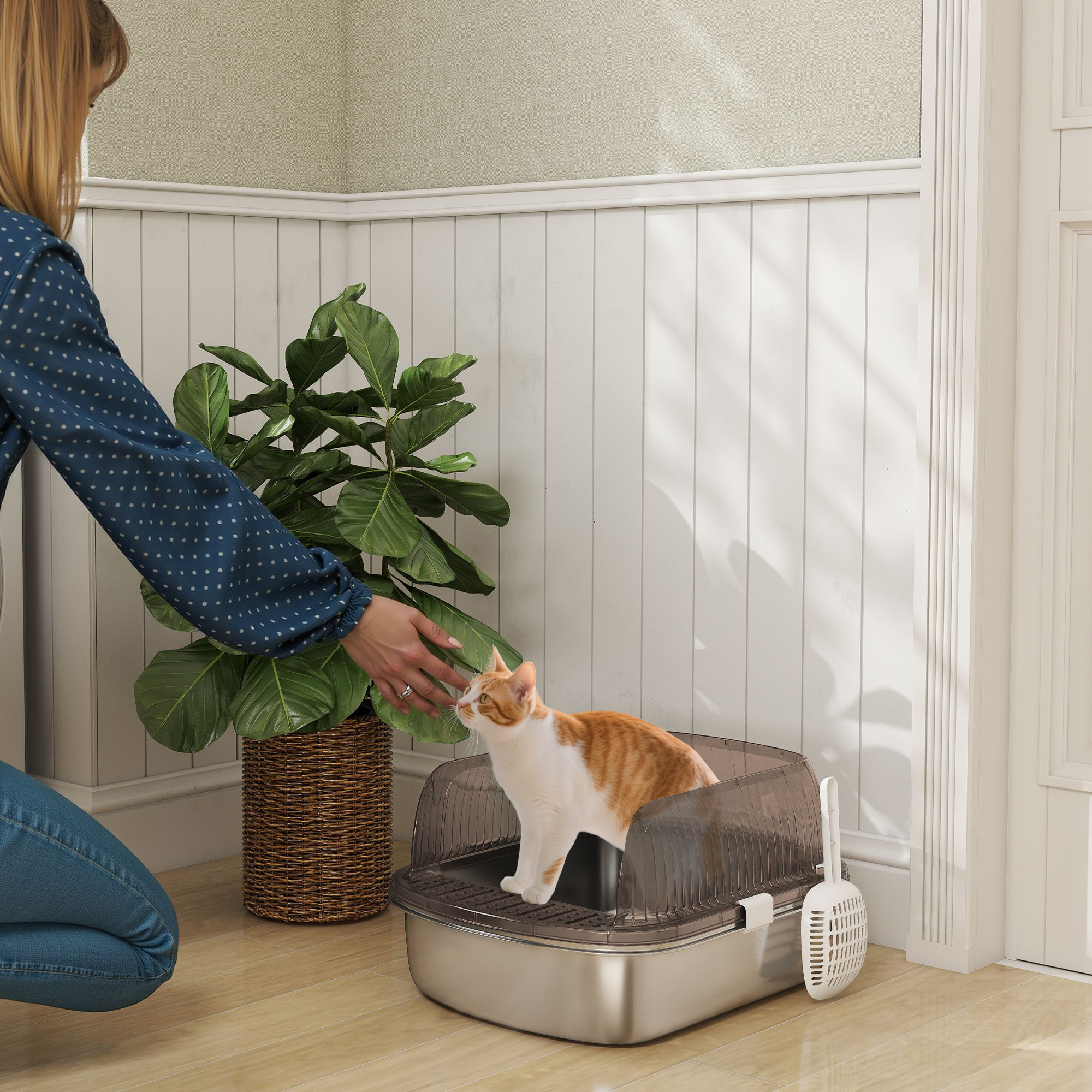 Image of Stainless Steel Cat Litter Box, With High Rim, Tray Including Scoop, For Large Cats Under 15 Kg, Charcoal Gray