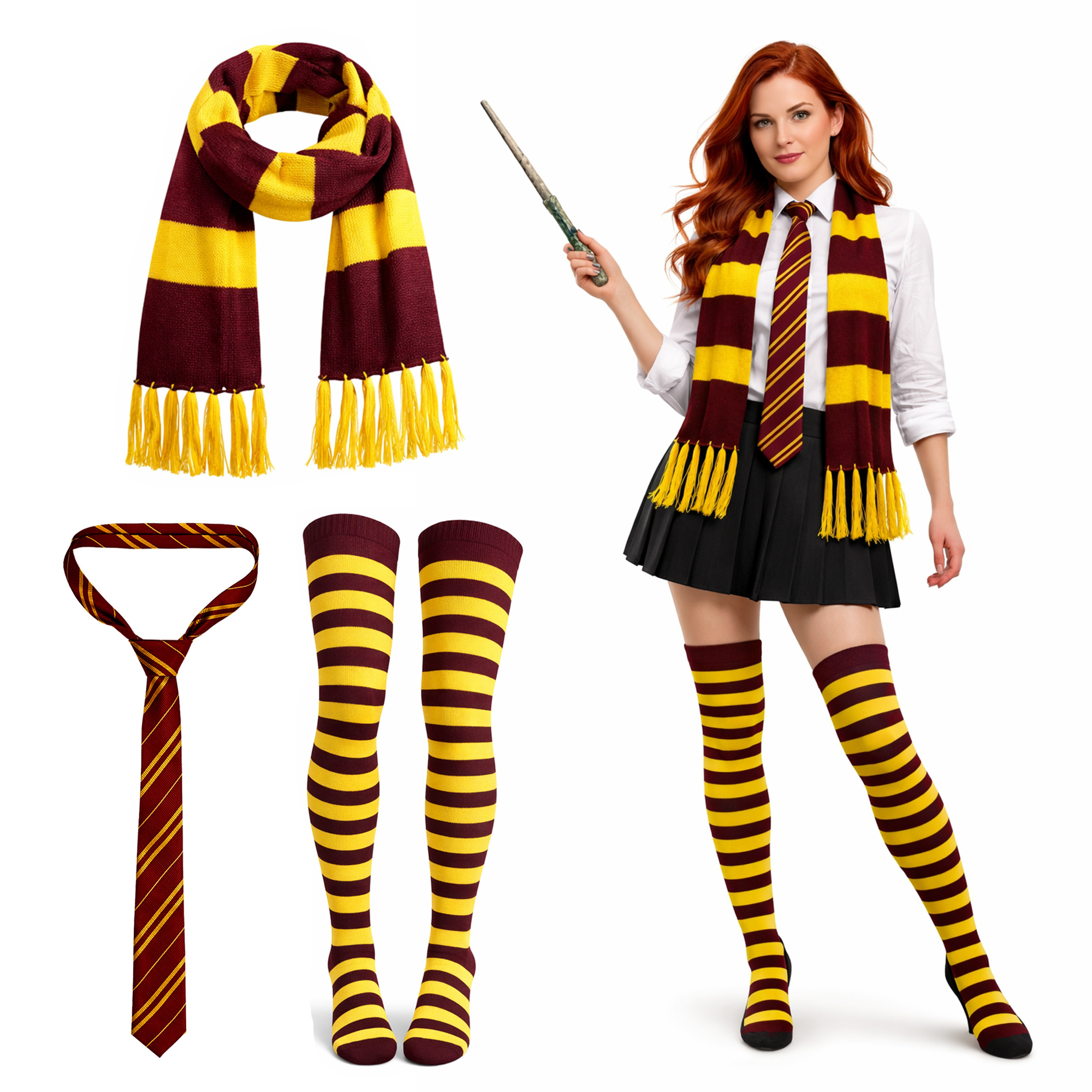 TEMU 3 Or 4 Pcs Unisex Wizard Accessories Set Maroon And Yellow Scarf Neck Tie Over The Knee Socks With Optional Magic Wand Costume Book Week And
