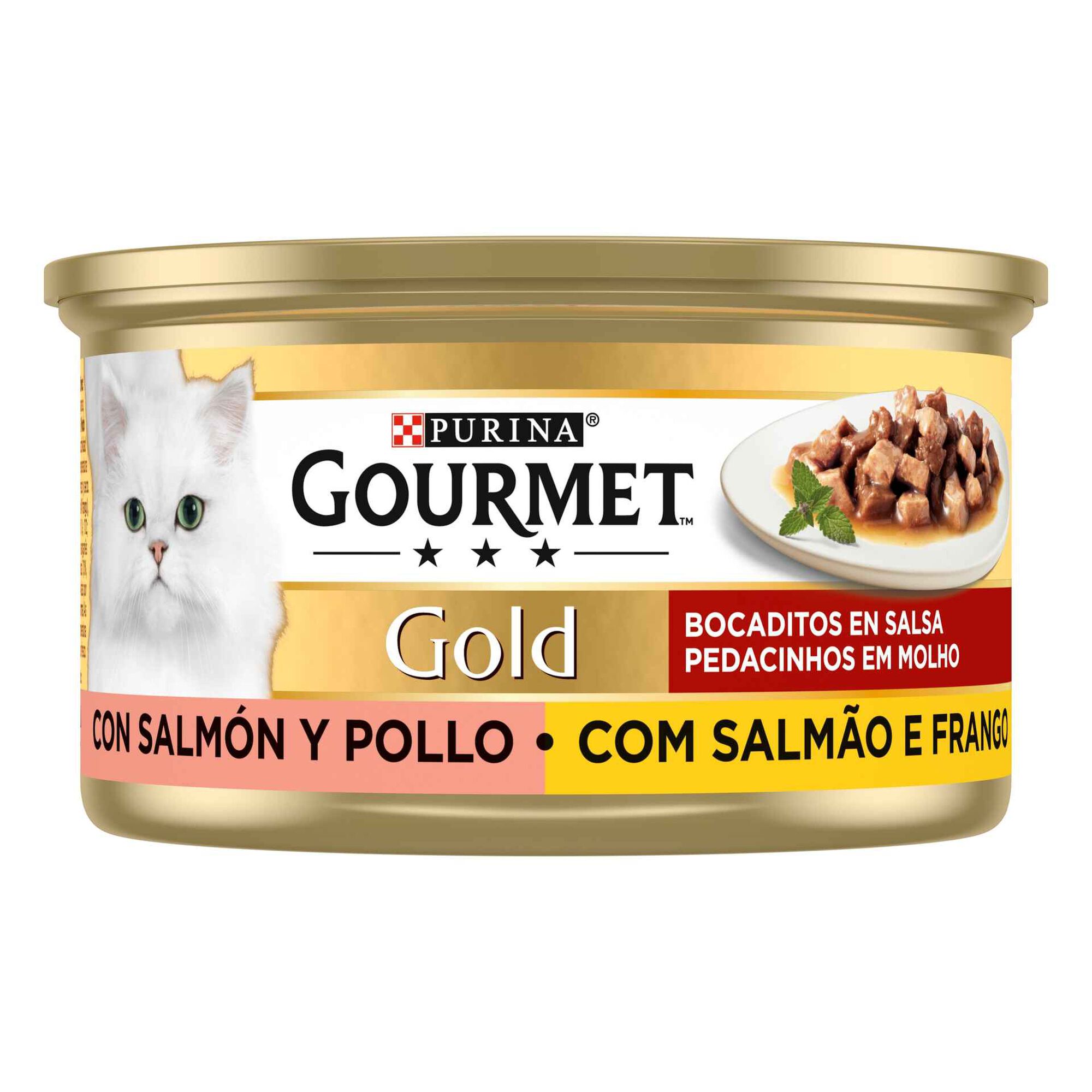 TEMU Gourmet Gold, piezas pequeñas en salsa con salmón y pollo, con 24 latas de 85G