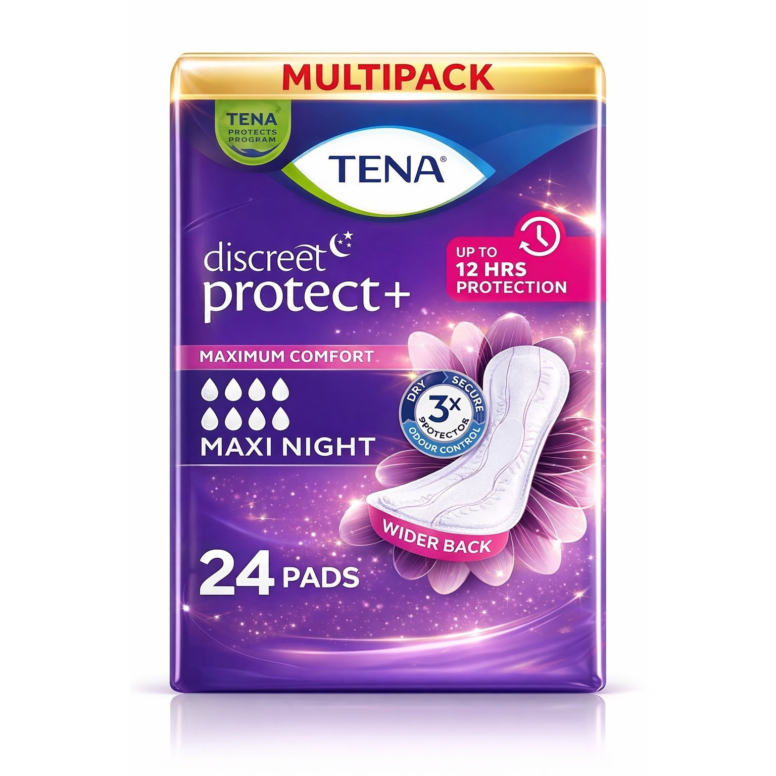 TEMU Tena Lady Discreet Protect+ Maxi Night Pads - 24 Pack | Pads With 12-hour Protection & Back | Comfort & For Heavy Bladder Leaks