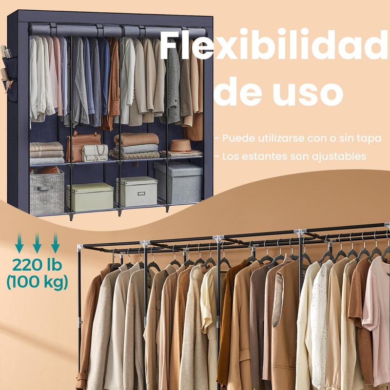TEMU Armario de Tela, 45 x 170 x 167 cm, 4 Zonas para Colgar, con Baldas, 4 Bolsillos , Gran Capacidad, Azul