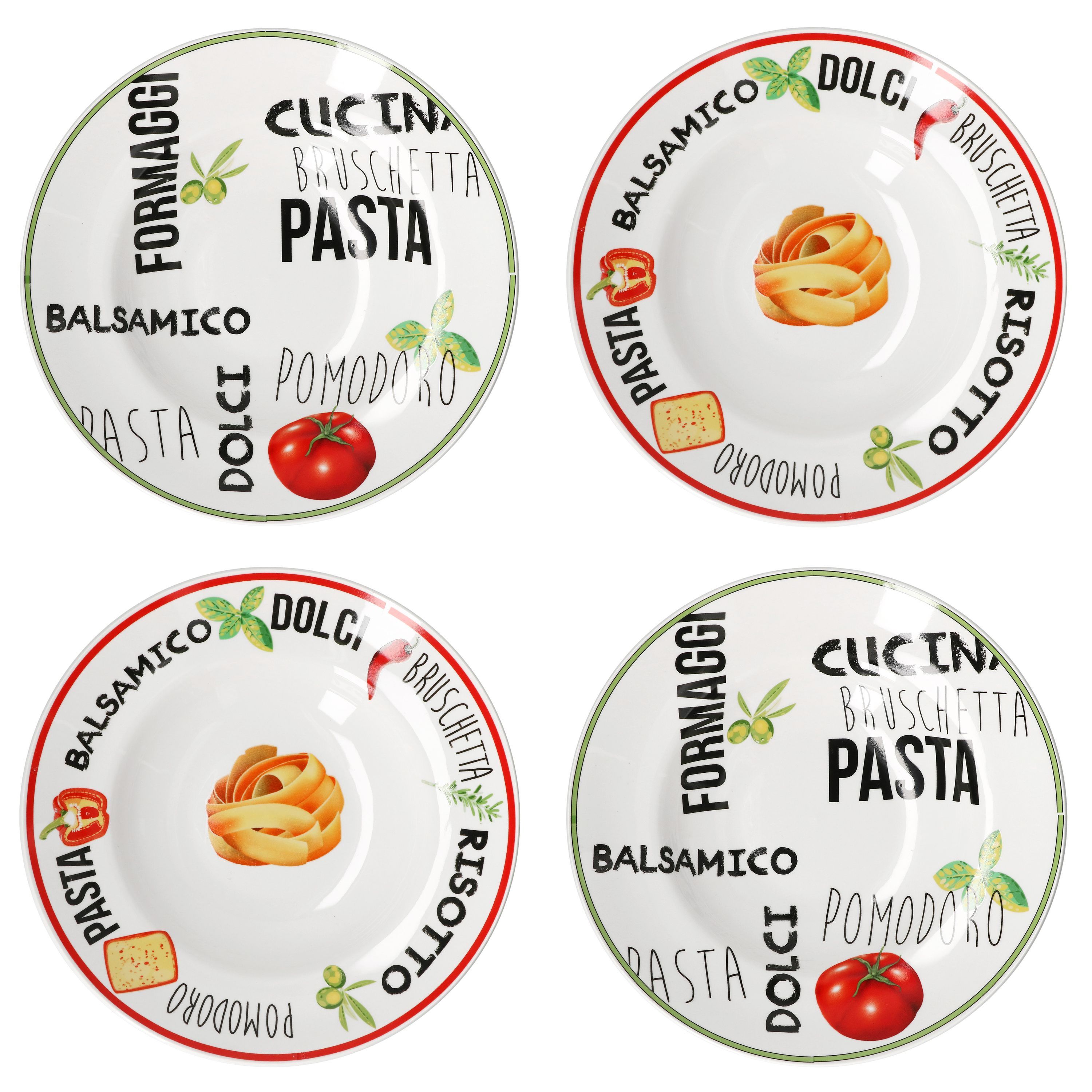 Image of 4pcs Set Of Pasta Plates With Decoration 2x Green & 2x Red 26.5cm - 27020606