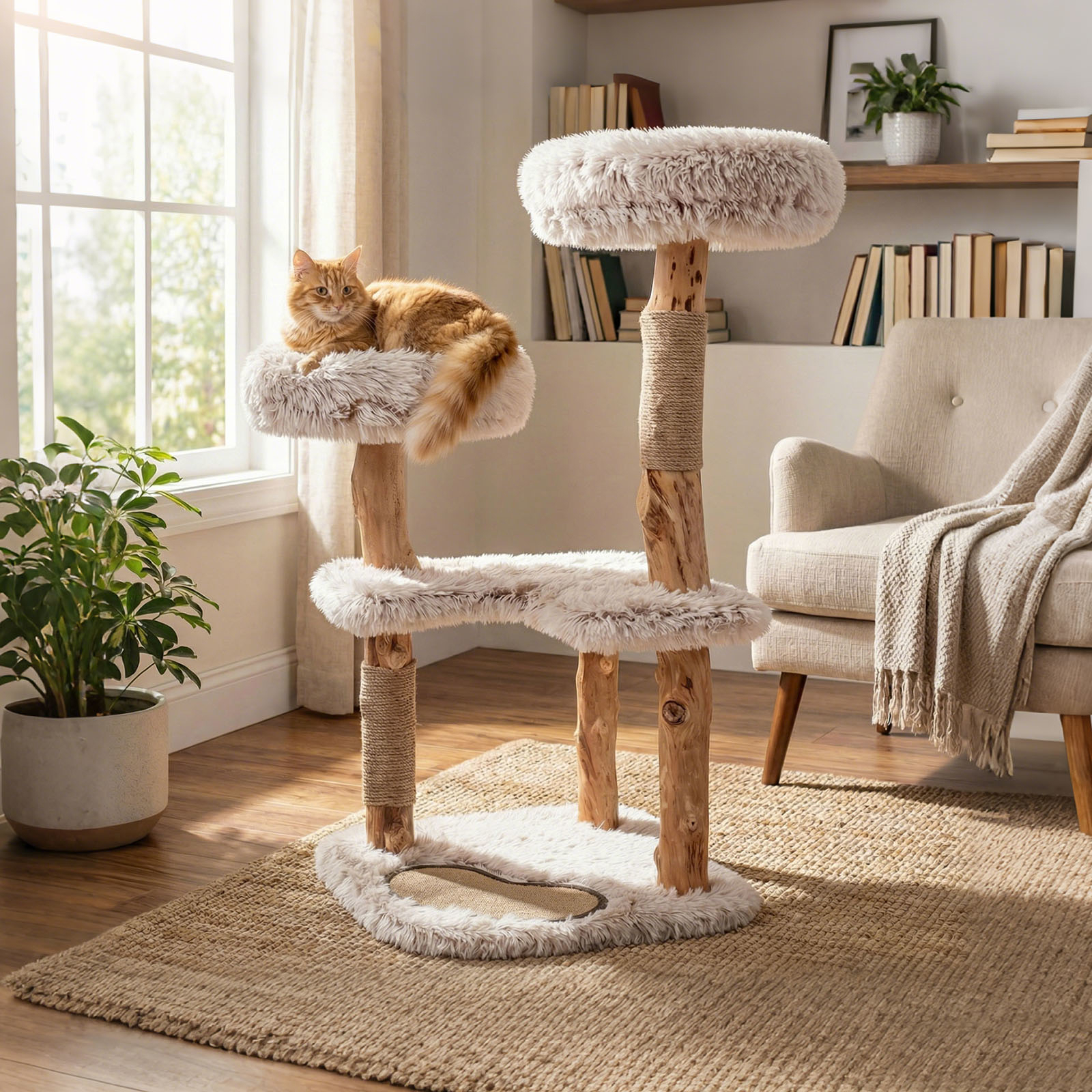 Solid Wood Cat Tree, 101 Cm Multi-level Cat Tower With 2 Padded Perches, Platforms, Posts, And Jute Scratching Mat, Removable Cushions, Activity Center For Kittens