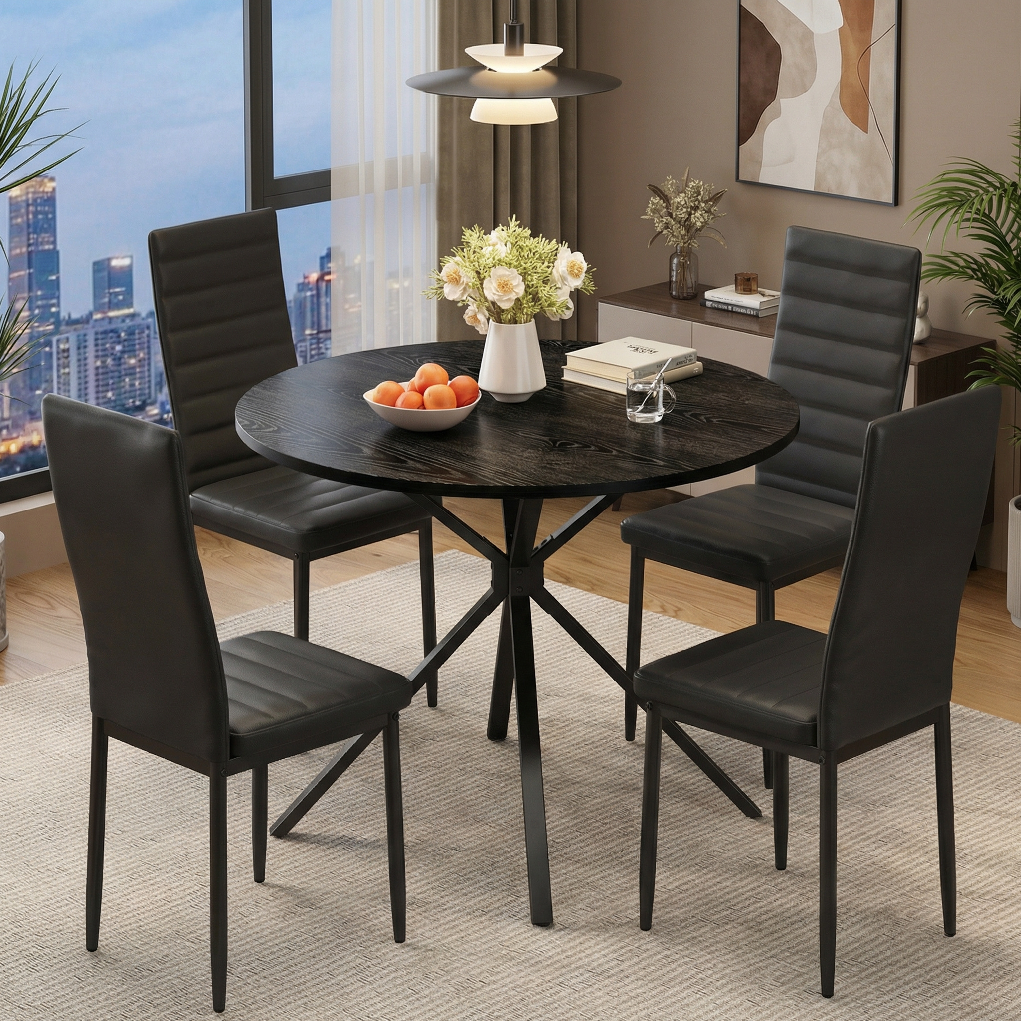4-person Dining Table Set | Round Dining Table With 4 Pu Leather Chairs | Kitchen Table Set | Black/brown Tb64