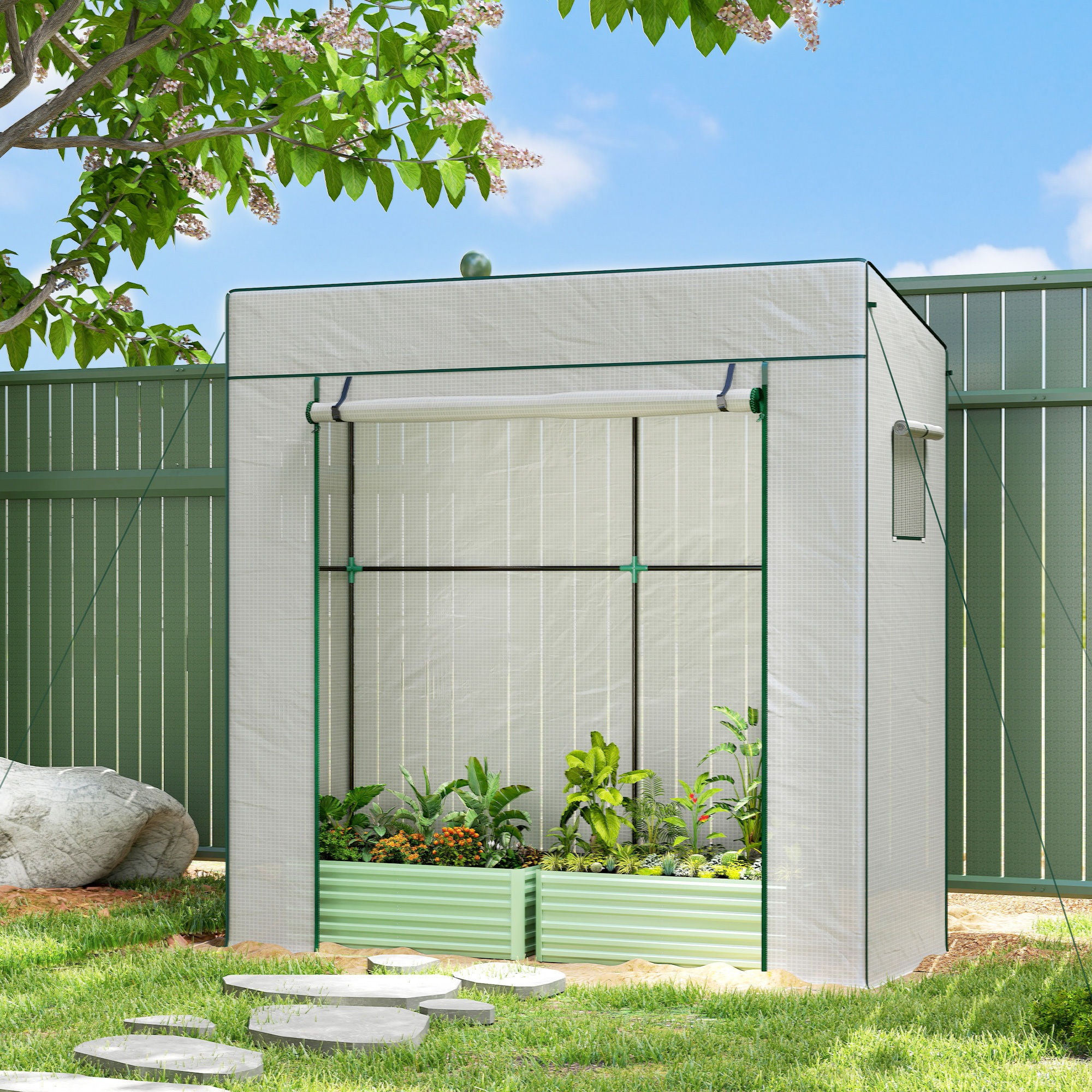 Image of Greenhouse With Roll-up Door, Mesh Windows, And Sloped Roof – 196 X 77 X 197 Cm – Sturdy Greenhouse With Pe Film, Ground Stakes – Perfect For Garden, Balcony, Or Terrace – White