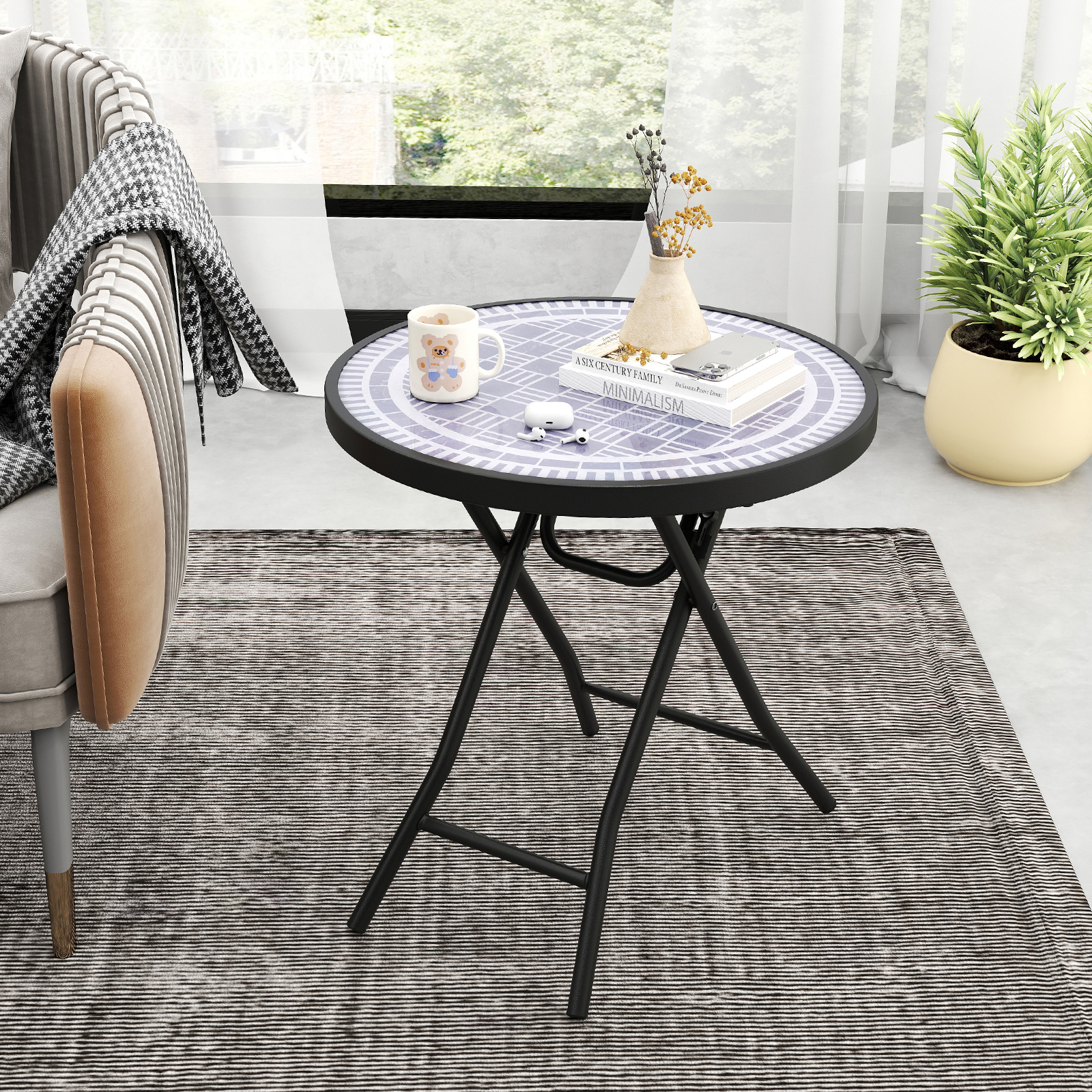 Image of Round Folding Side Table, 18 Inch Patio Coffee Table With Tempered Glass Tabletop And Metal Frame Porch,living Room