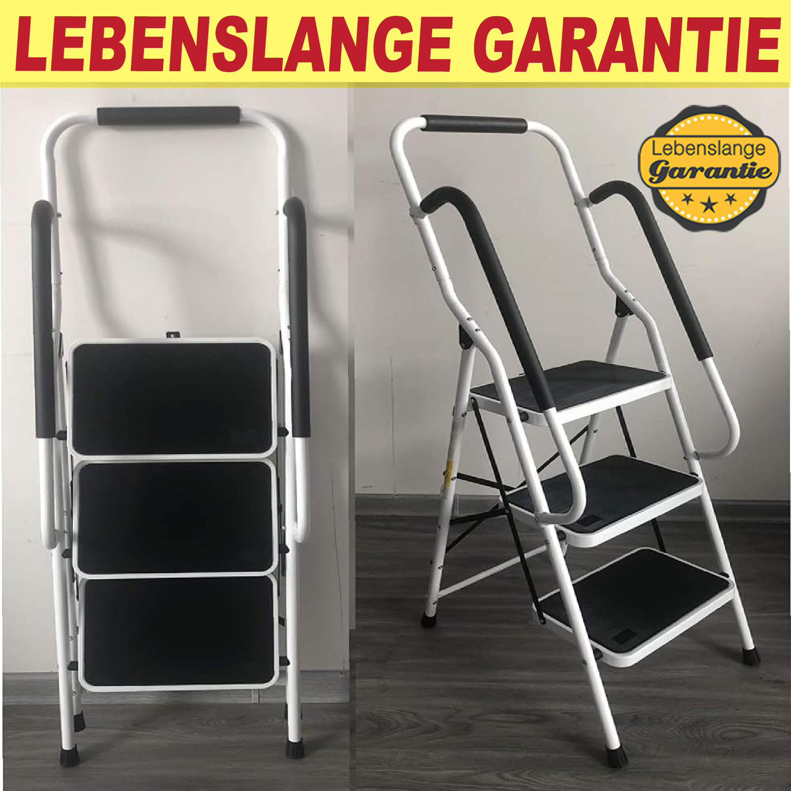 E-shop DayPlus Extra Verdickte Trittleiter 3 Stufen Faltbare Leiter mit Sicherheitsgeländer, Haushaltstreppe, Schwerlaststahl für bis zu 150 kg DIY für