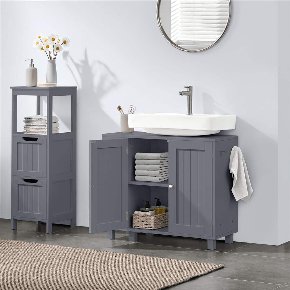Costoffs Bathroom Cabinet With U-shaped Cutout For Siphon, Under Cabinet With Adjustable Shelves, Two-door Freestanding Cabinet With Open Storage Space & Hooks