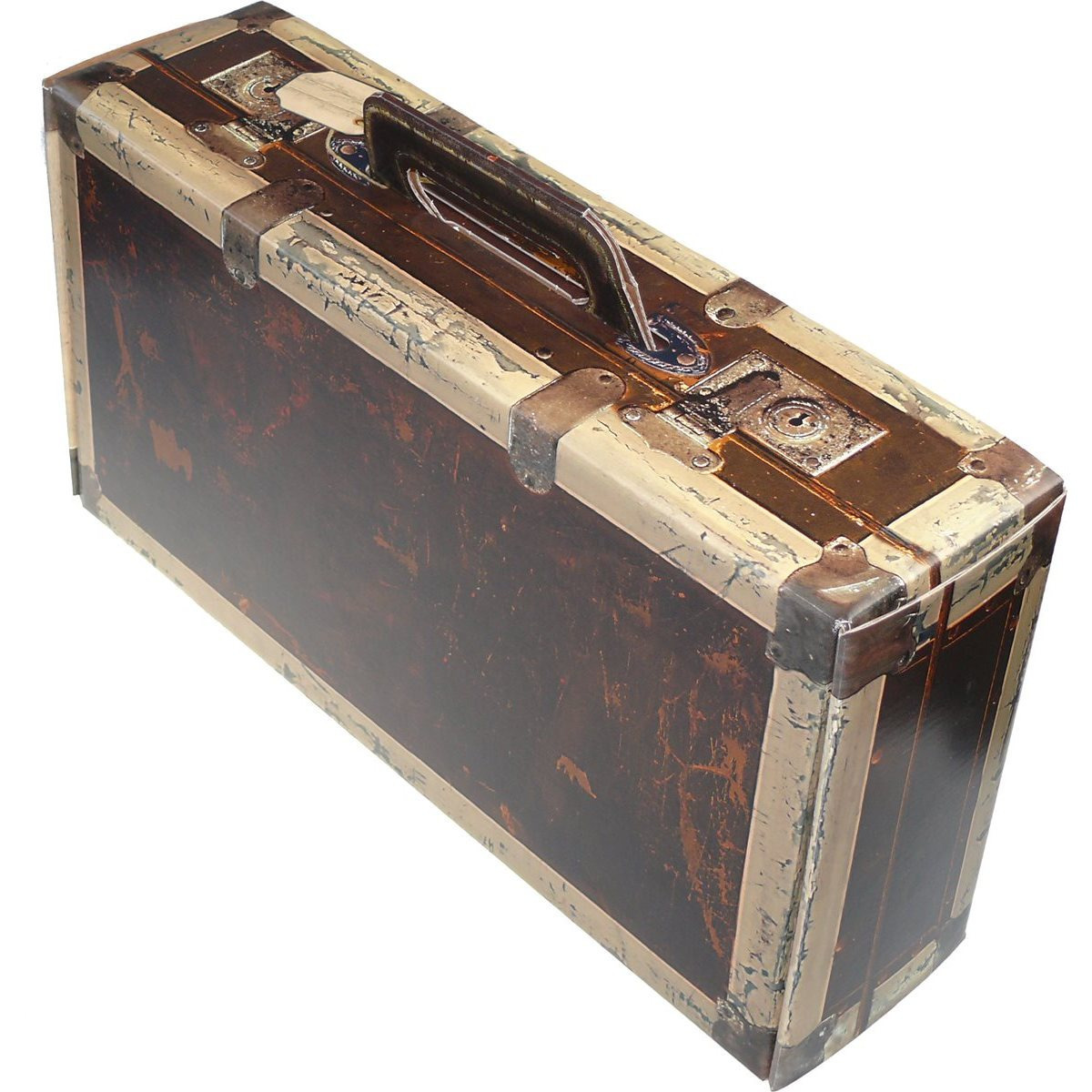 E-shop Karton mit Holzoptik Vintage-Koffer – kleiner Holzkoffer aus Pappe als Geschenkkorb zum Geburtstag oder zu einer Reise – Präsentkorb für zwei