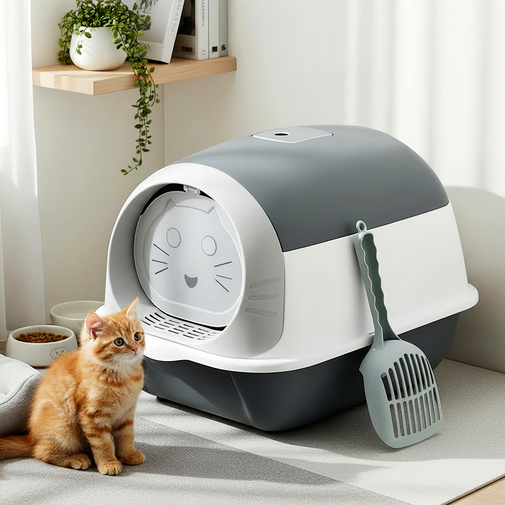 TEMU Afgesloten kattenbak met geïntegreerde schep - Kapontwerp, lekvrij & geurbeheersysteem, duurzame & PP-constructie, modern zwart & grijs,