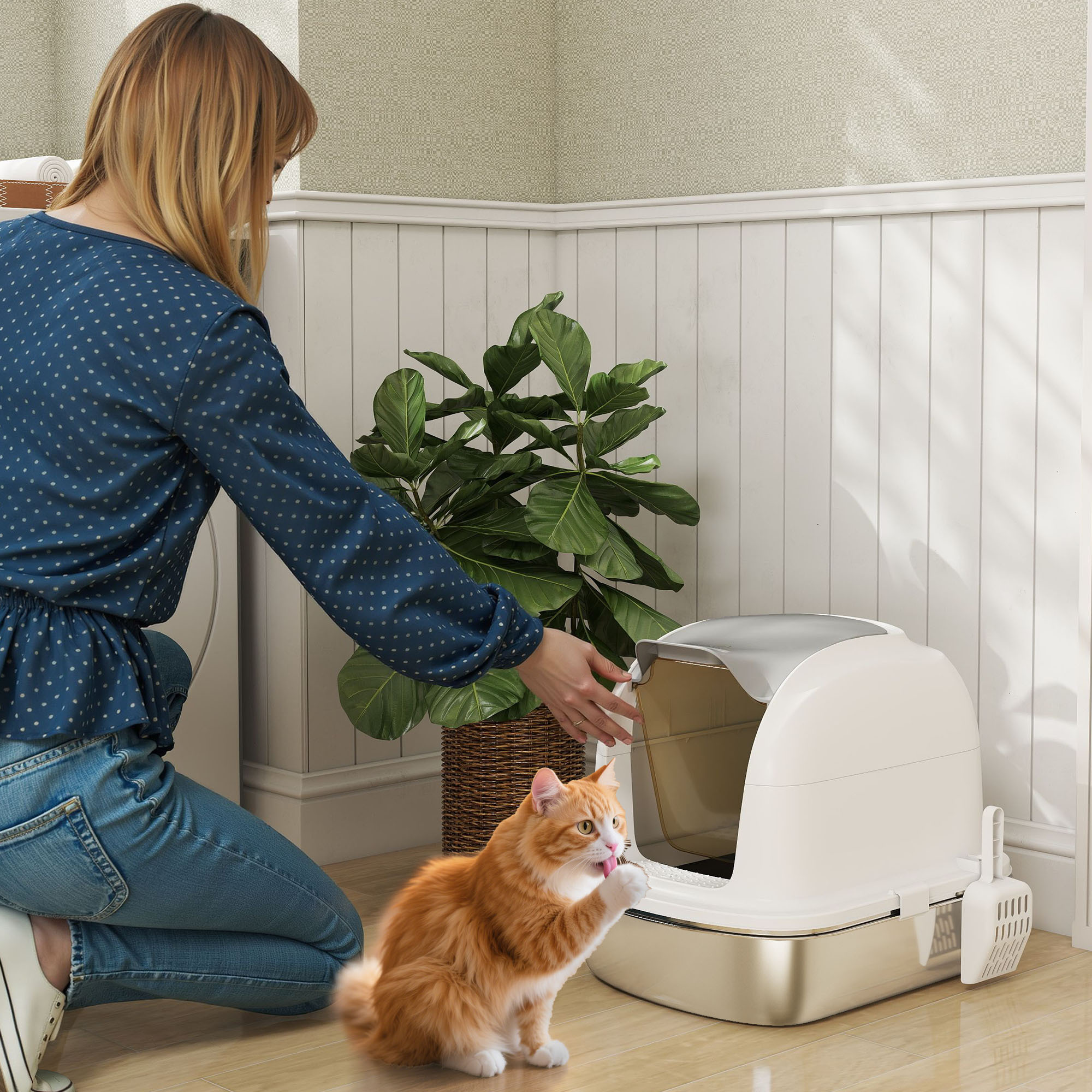 Image of Stainless Steel Cat Litter Box With Lid, Cat Toilet With Tray, Including Scoop, For Cats Under 5 Kg, White