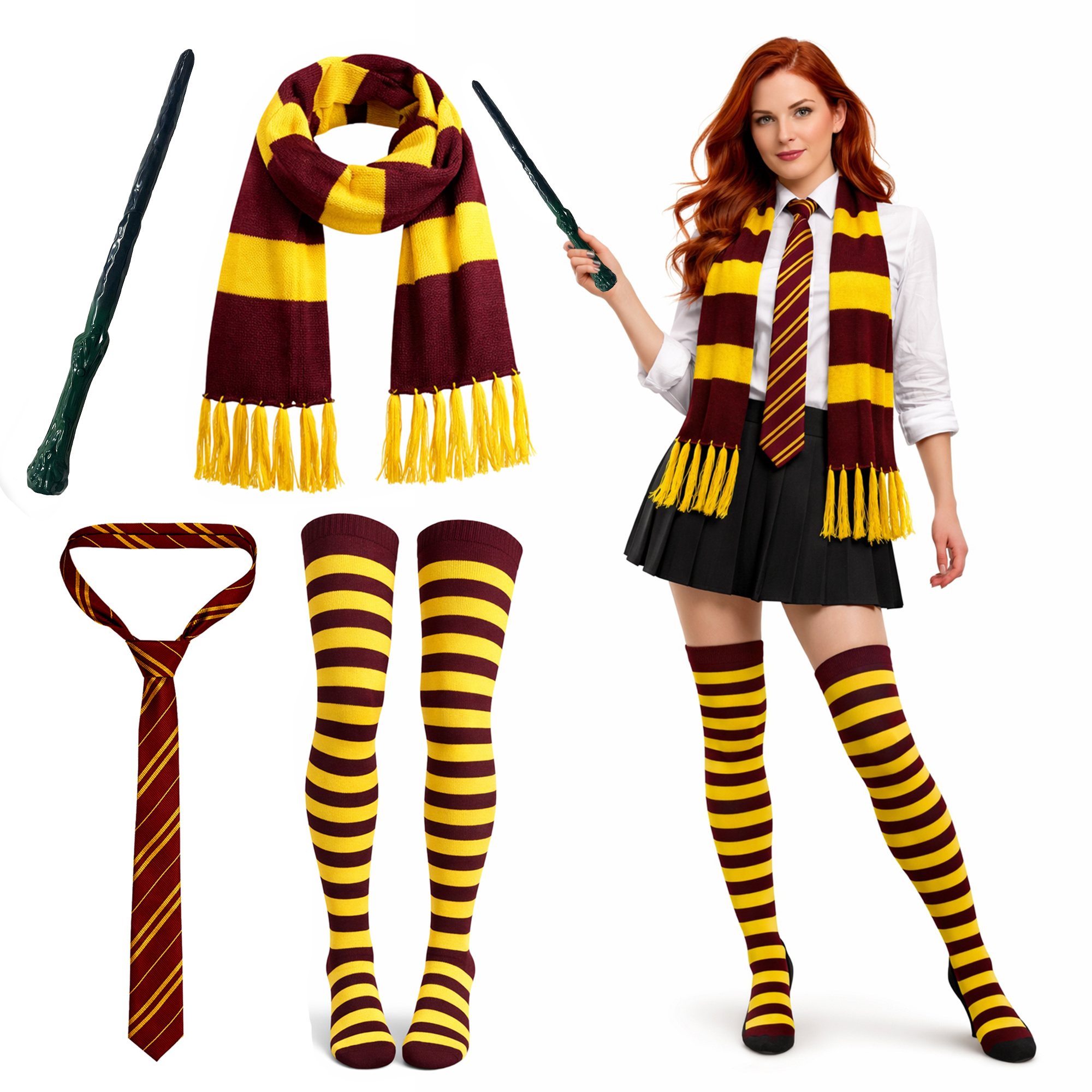 TEMU 3 Or 4 Pcs Unisex Wizard Accessories Set Maroon And Yellow Scarf Neck Tie Over The Knee Socks With Optional Magic Wand Costume Book Week And