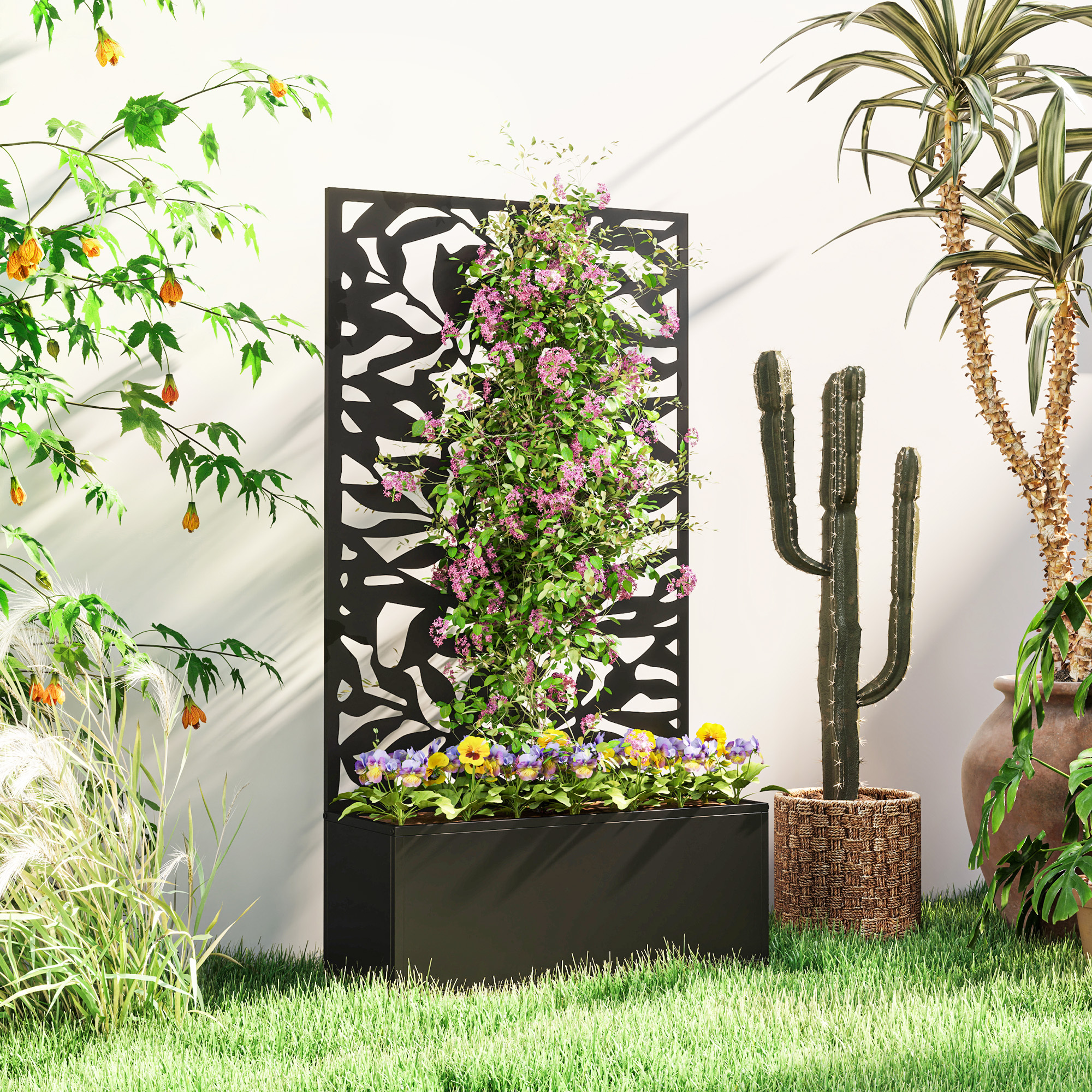 TEMU Metal Garden Bed With Trellis, Wall Mounted Or Freestanding Raised Planter With Privacy Panel, Outdoor Privacy Screen With Planter Box For