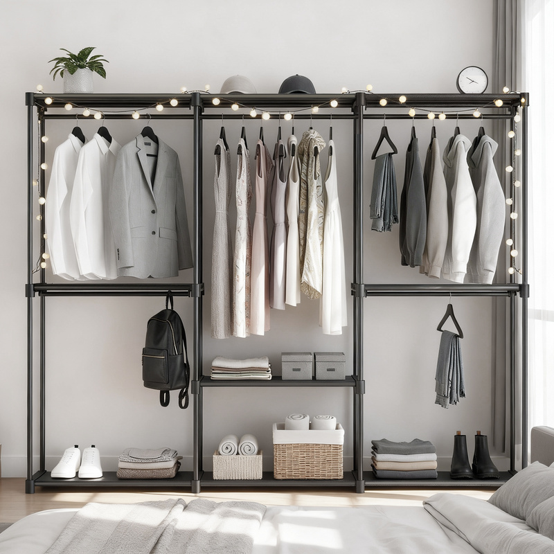 TEMU Perchero con Barra para Ropa, Estante con 5 Compartimentos Colgantes, Gran , para Dormitorio y , Taupe