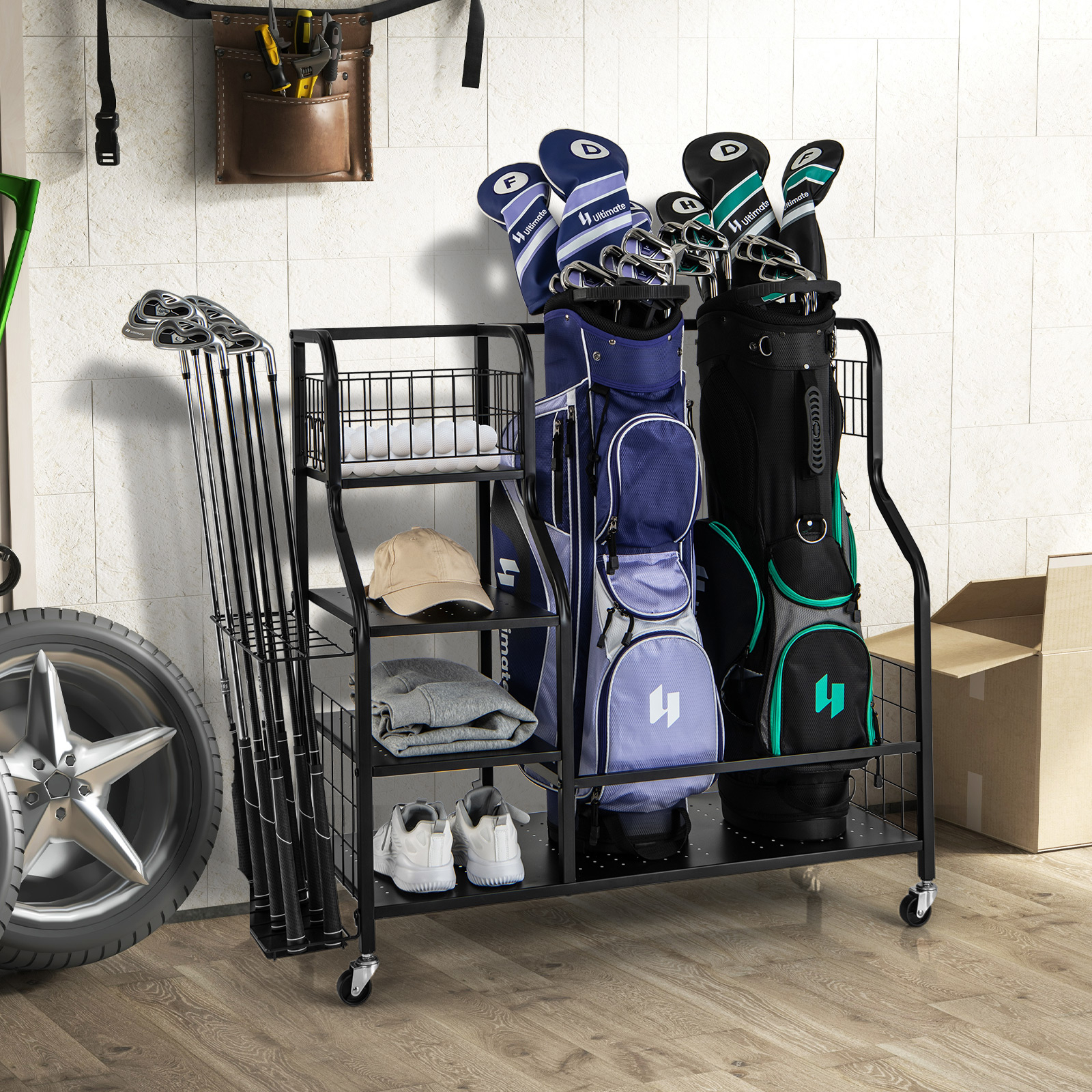 organisateur de sac de golf, support de rangement pour sac de golf avec support de rangement à 3 roues, panier de golf, organisateur de 14 clubs, 2 crochets de serviette amovibles et 4 crochets latéraux