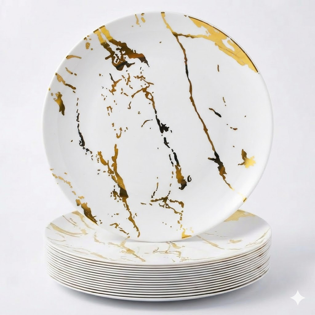 10pcs elegant gold marble plates effect pattern dinner plates reusable washable   weddings parties and formal events durable plastic round shape white silver   and kitchen dishware