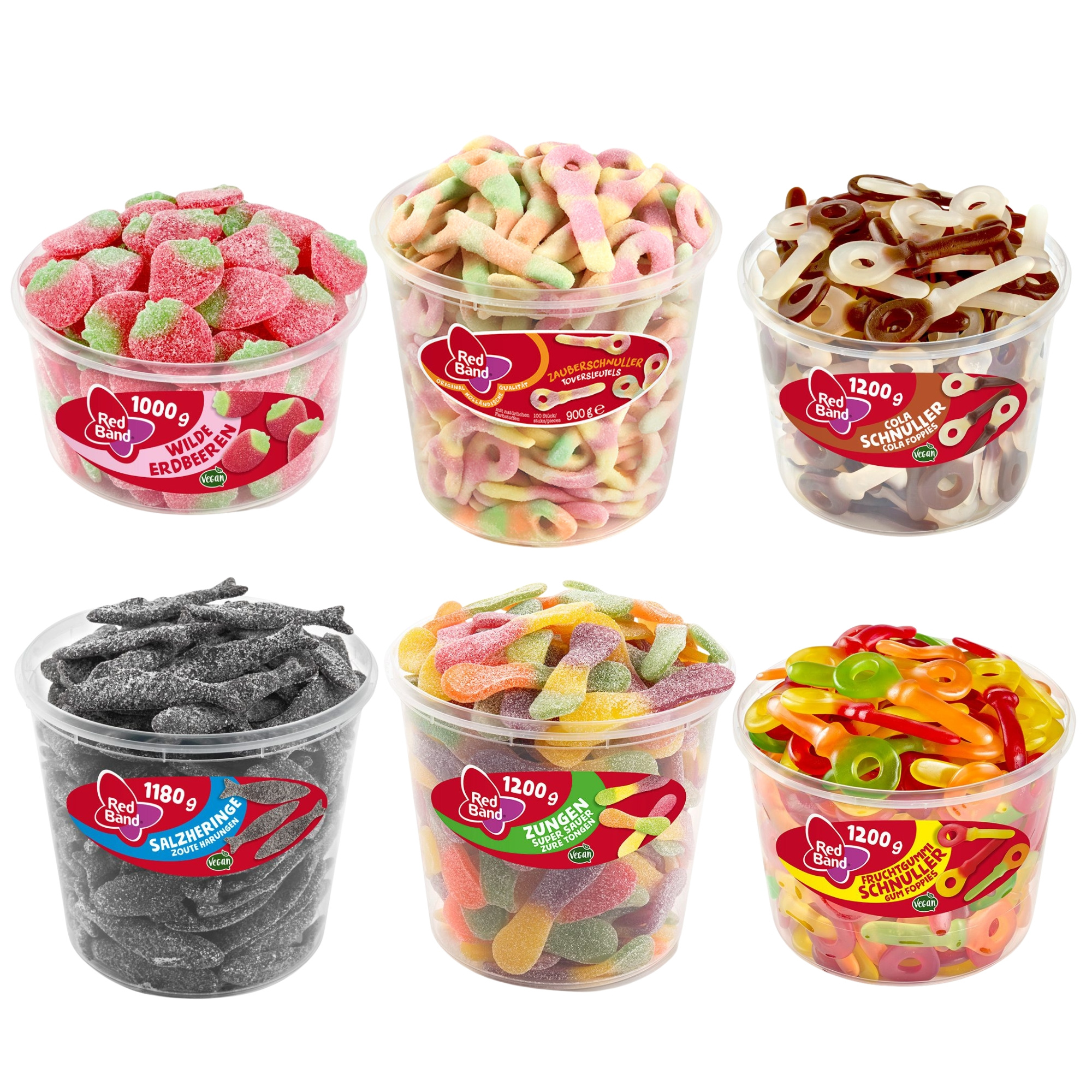 E-shop Red Band Mischpaket 6er-Set 1x Wilde Erdbeeren 1000g, 1x Salzheringe 1180g, 1x Zauberschnuller 900g, 1x Zungen Super Sauer 1200g, 1x Cola