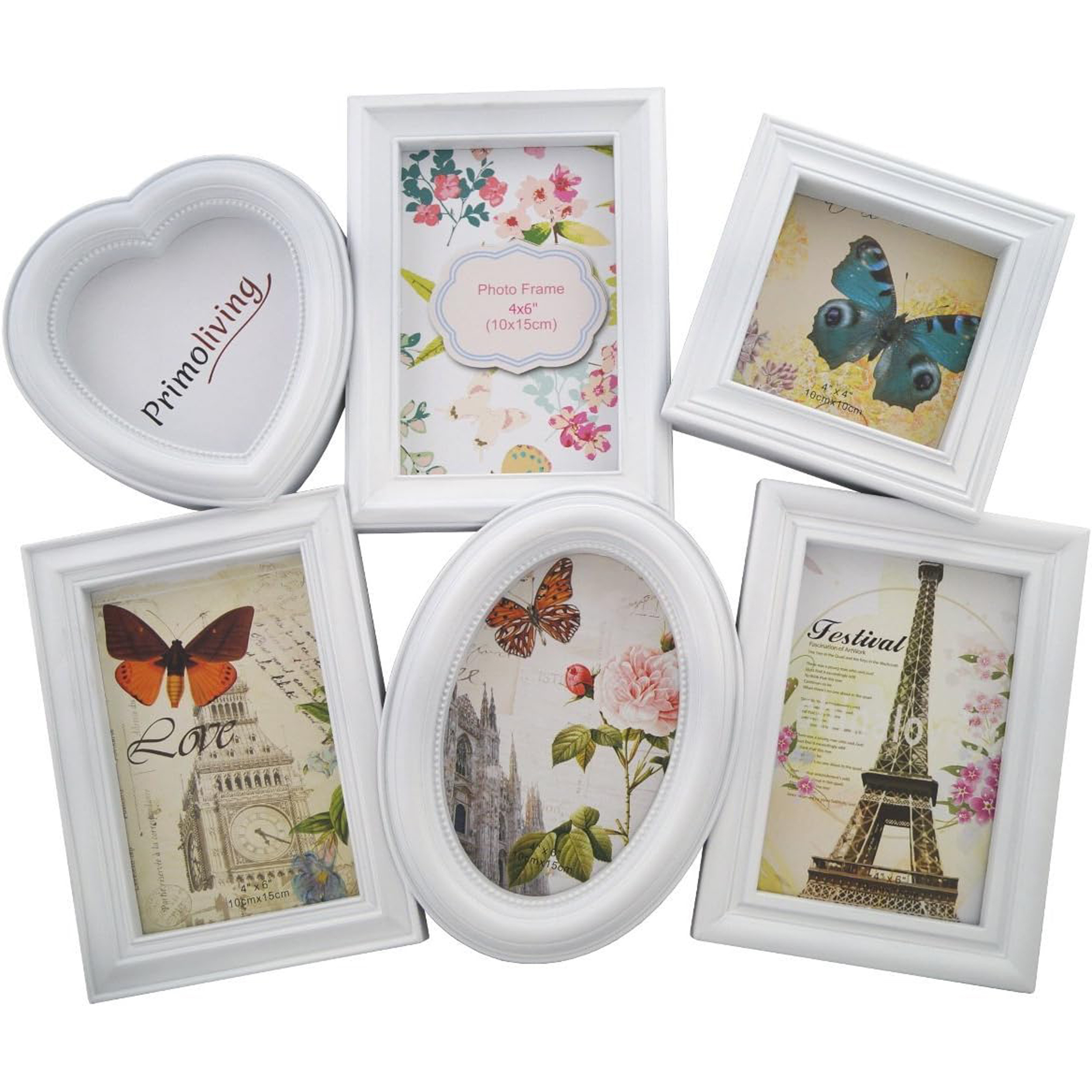 Image of Picture Frame Collage White For 6 Photos – 3d Wall Gallery With Heart & Vintage Optics – Multi-photo Frame For Family, Wedding & Baby – Plastic With