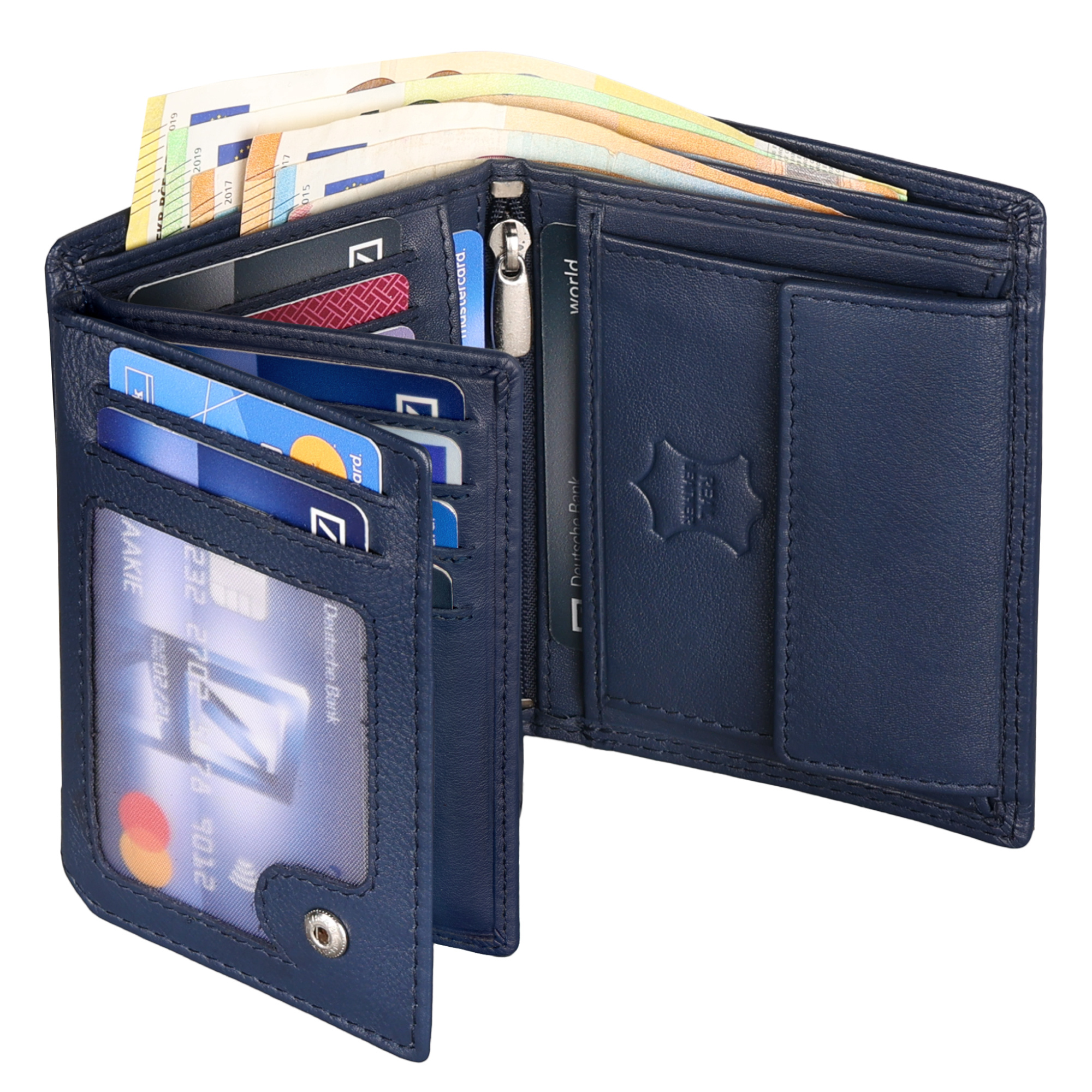 E-shop Echtleder Geldbörse Herren Portemonnaie RFID Hochformat Geldbeutel 14 Kartenfächer Leder Blau 12 x 9,5 x 2 cm (H x B x T)