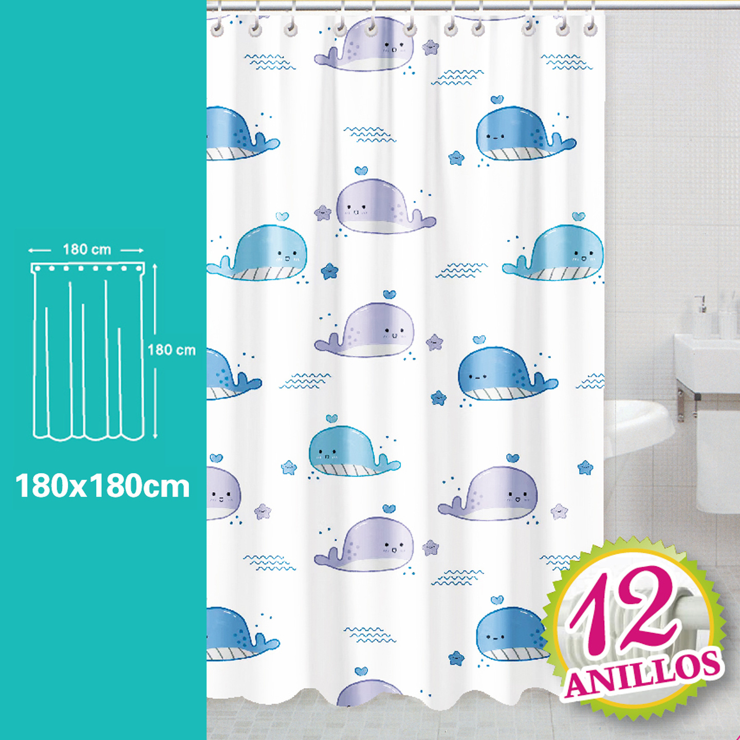 TEMU Cortina de Baño de EVA de Película (Color Sólido, 180x180cm) | Cortina de Baño EVA Impermeable con (Colores Variados, 12 Anillos) | Cortina de