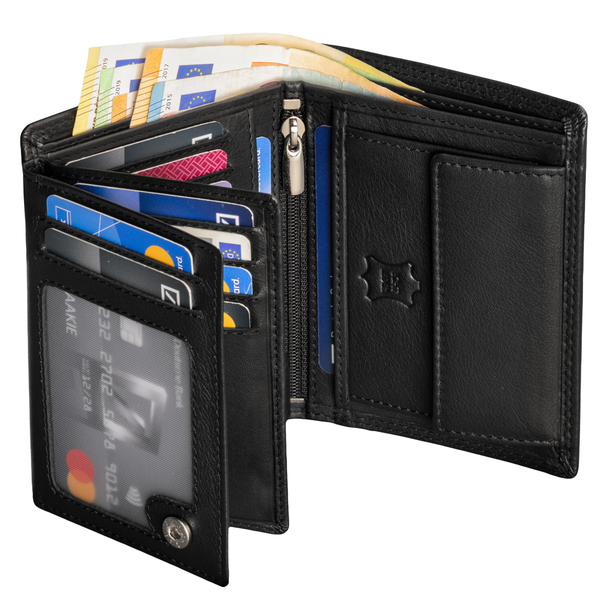 Genuine Leather Men's Wallet Rfid Vertical Billfold With 14 Card Slots, Black Leather, 12 X 9.5 X 2 Cm ( X D)