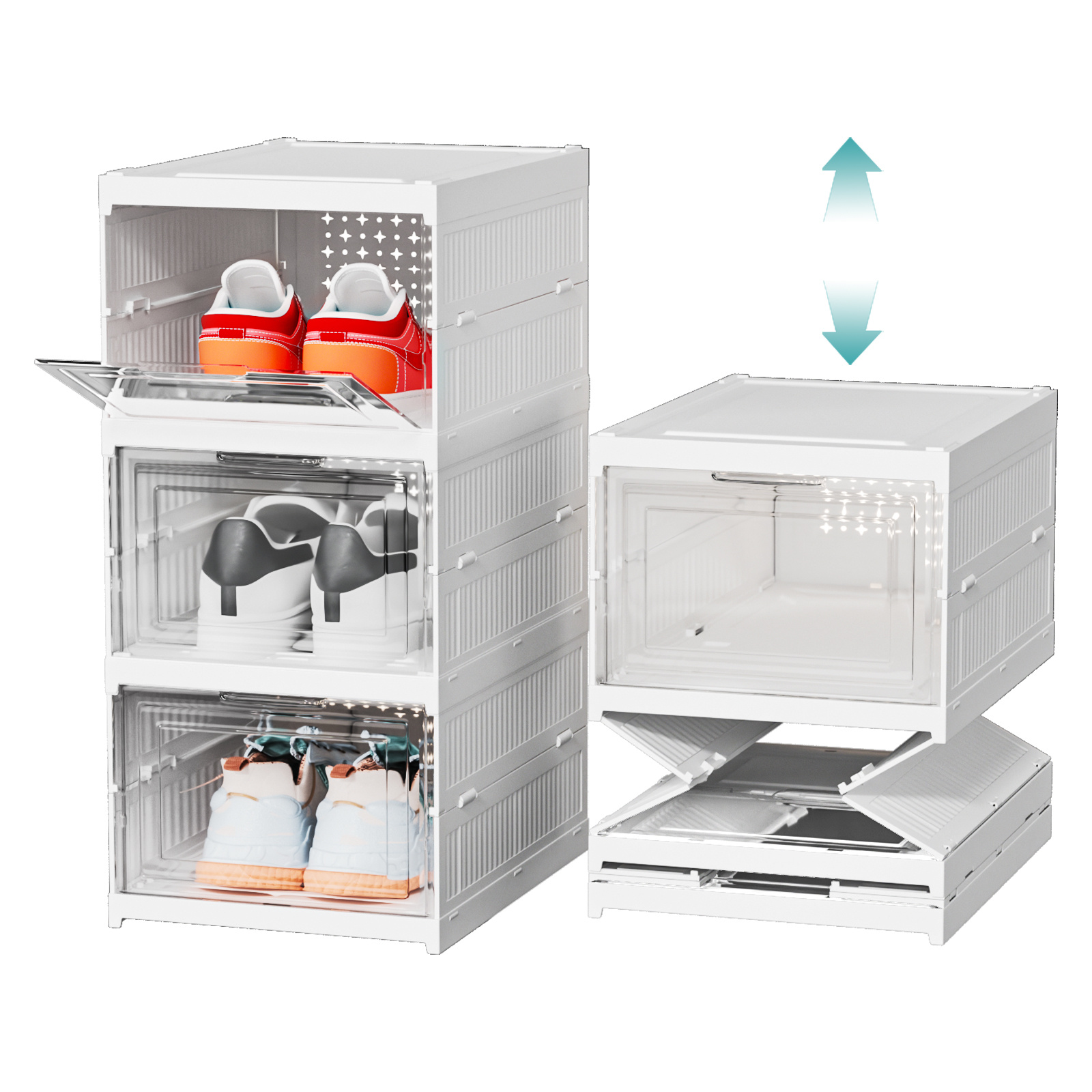 ® Foldable Shoe Rack, Stackable Folding Shoe Boxes With 3 Levels, Space- Acrylic Shoe Cabinet Up To Size 46, Organizer Box With