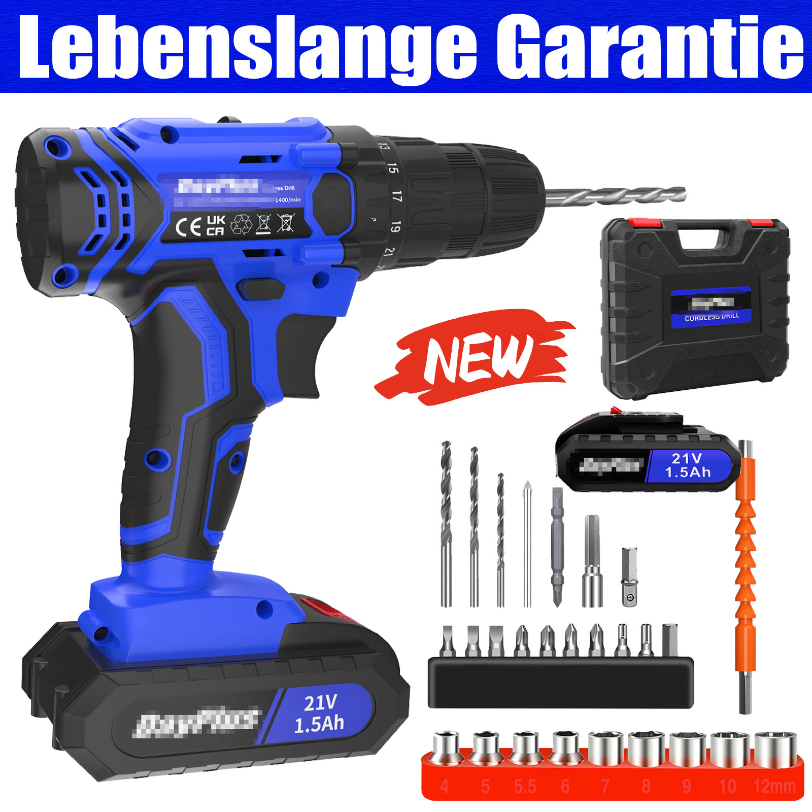 E-shop Akkuschrauber Kombibohrer 21V, Akku-Bohrerset, Akku-Bohrer mit hochwertigen Lithium-Akkus und 45 Nm Drehmoment Max, 25 + 1 Drehmomentstufen,