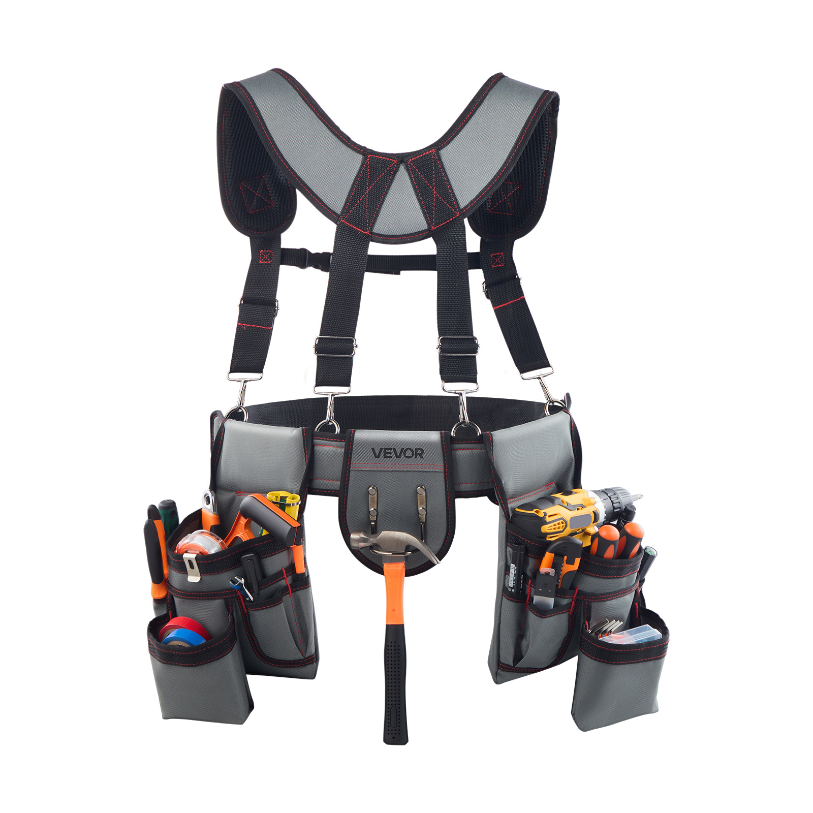 Image of Vevor Tool Belt, 22 Pockets Tool Pouch With Suspenders For Men, Heavy Duty Adjustable Utility Belt Bag Suspenders For Electrician, Carpenter, Construction, Work Apron Organizer Waist Adjust 81-173 Cm