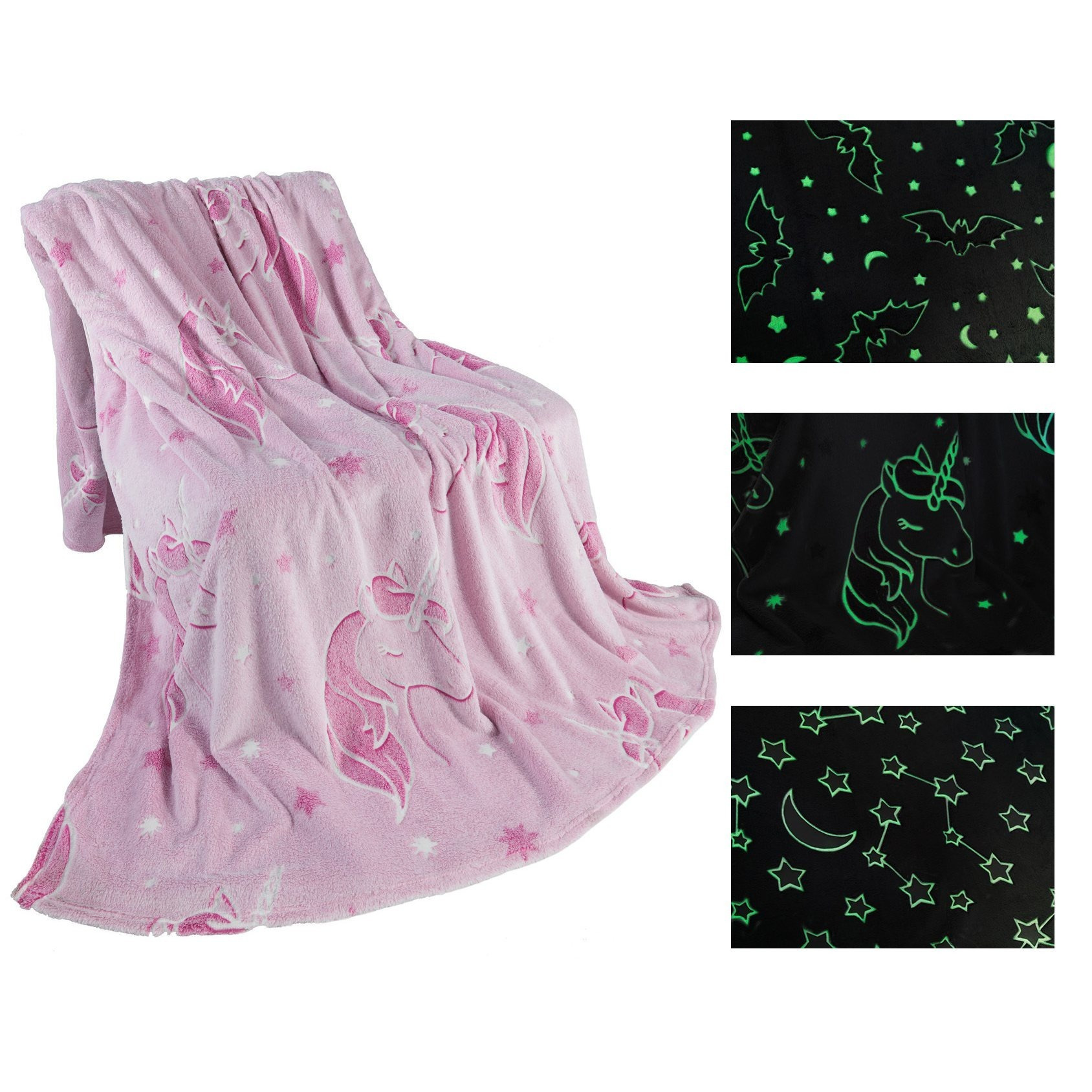 Image of Cozy Blanket For Kids - In The Dark - Plush Throw Blanket For Children - Warm And - Unicorns, Stars, And Bats - For Boys And Girls - Kids' Room Decor