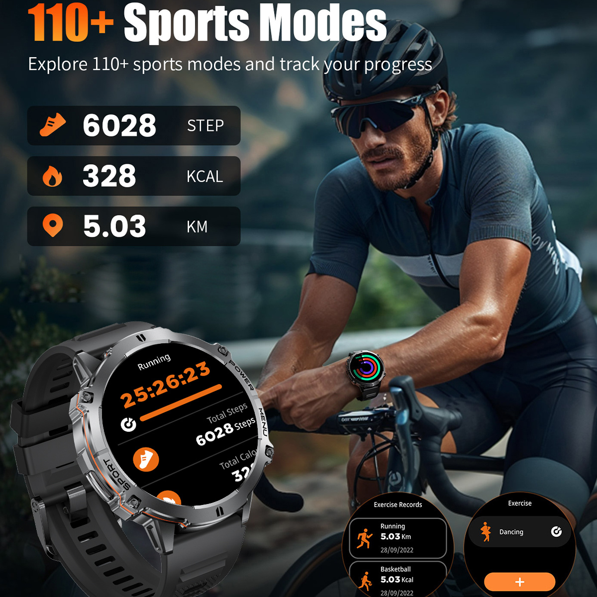Montre Connectée Sport Homme avec Grand Écran AMOLED 1.73 Pouces / Batterie 900 mAh / Plus de 110 Modes Sportifs / Affichage Always-on / Suivi du Sommeil / Tracker Fitness pour Android iPhone