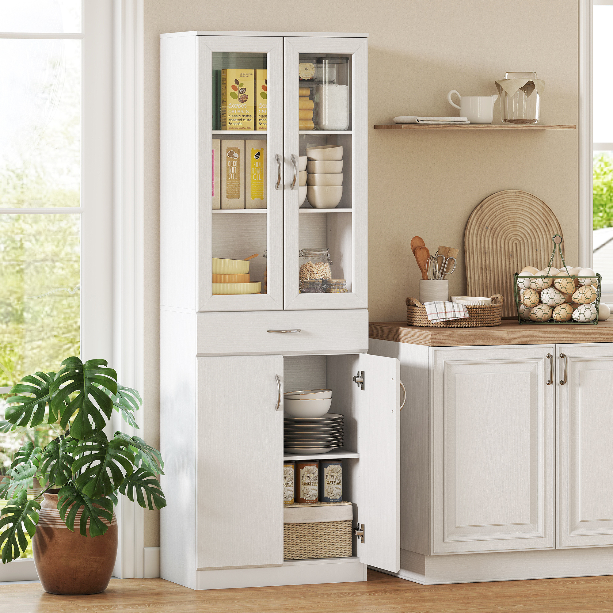 Kitchen Cabinet Buffet Cabinet With Adjustable Shelf Drawer 2 Cabinet High Cabinet With Glass Door Function For Kitchen, Dining Room, Living Room 60 X 35 X 180 Cm White