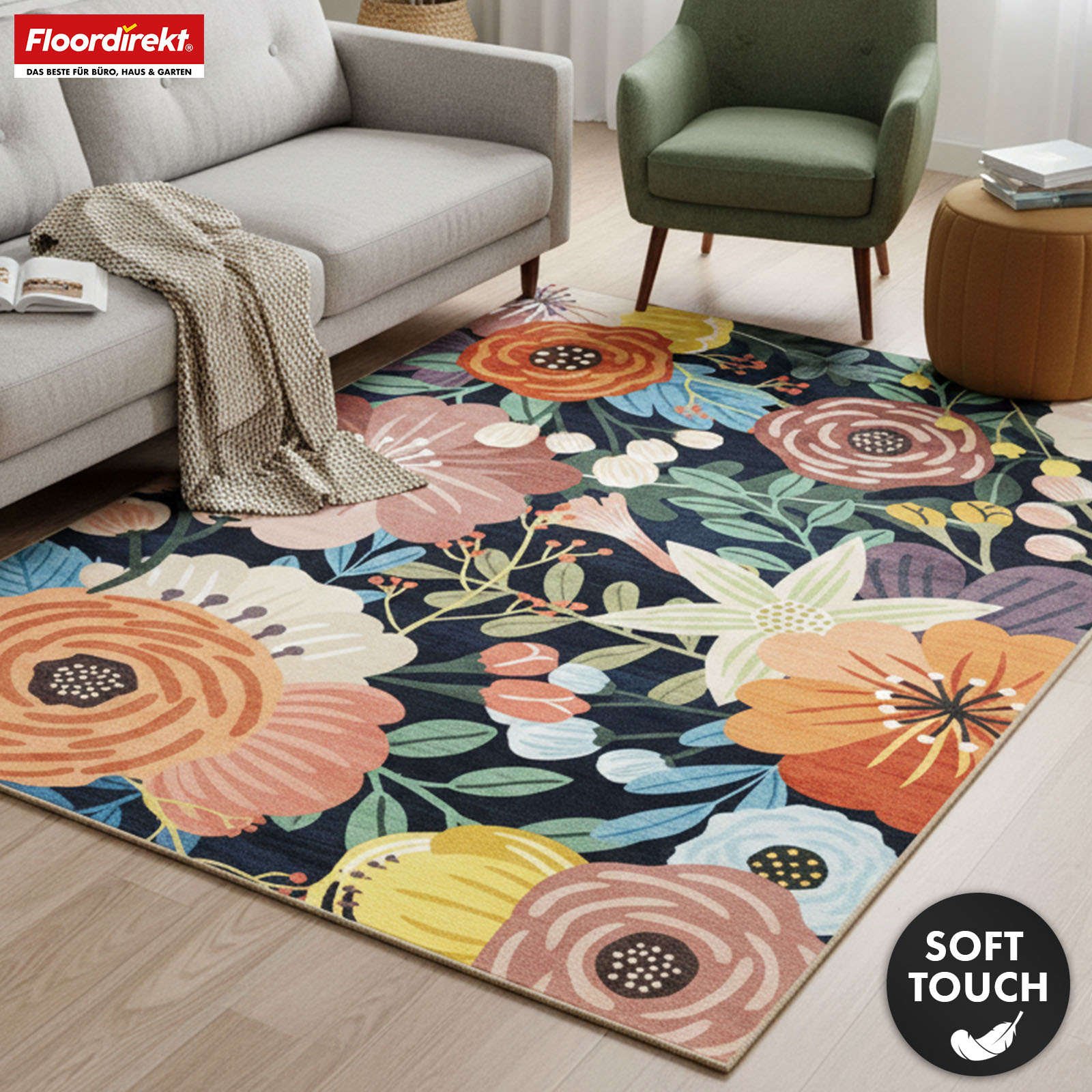 Image of Tropica Living Room Rug - Short Pile Carpet With Tropical Flower & Leaf Pattern For Living Room, Hallway & Bedroom - Non-slip Gel Backing - 2 Sizes