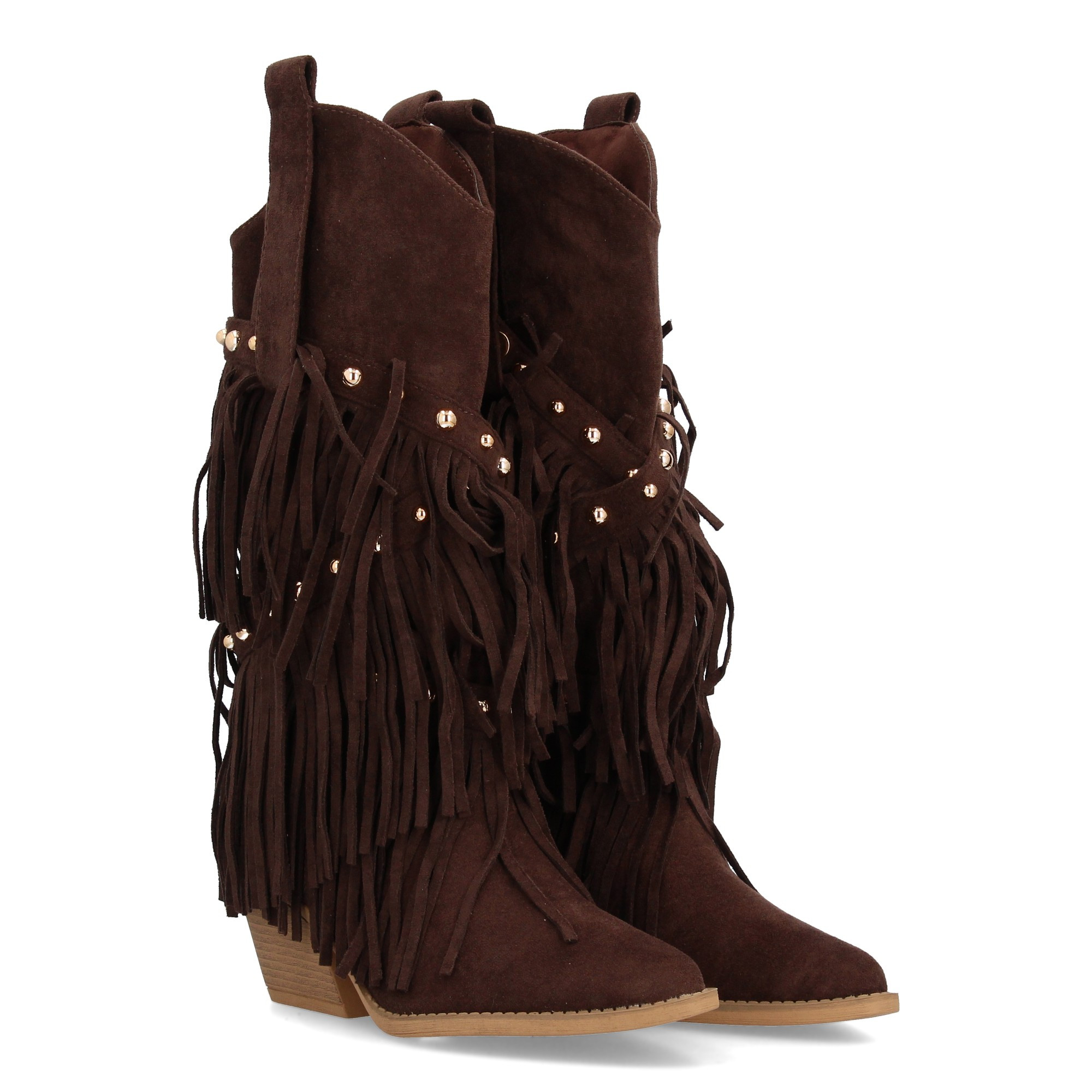 Western-style Boot With High Heel Decorated With Fringe In And Metal Studs, Fine Point And Cuban Heel. Ideal For Women In -winter Season.