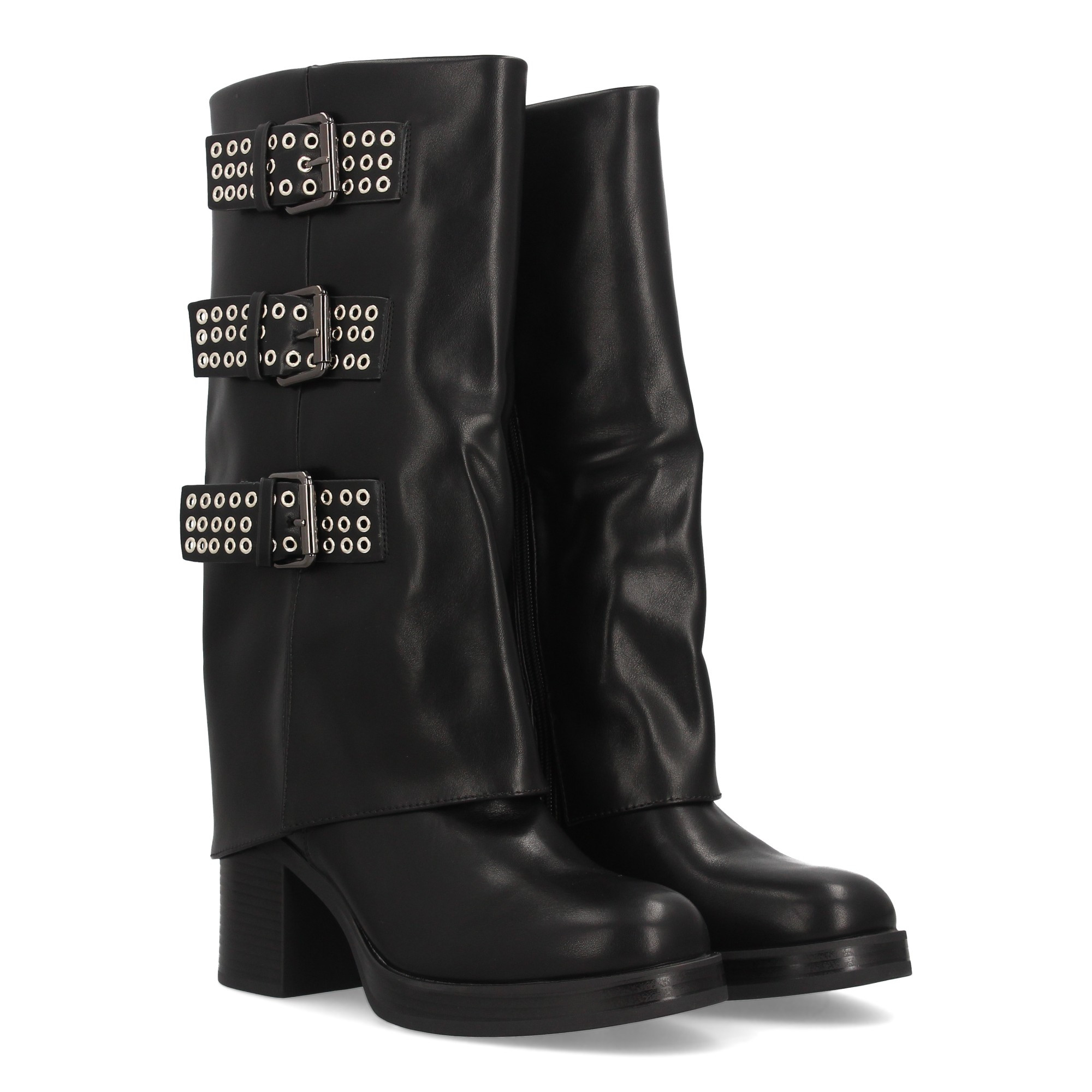 Image of High-heeled Boots For Women With A High Shaft, Decorated With 3 Metal Buckles With Eyelets. Wide Heel And Zipper Closure. Ideal For Autumn Winter.
