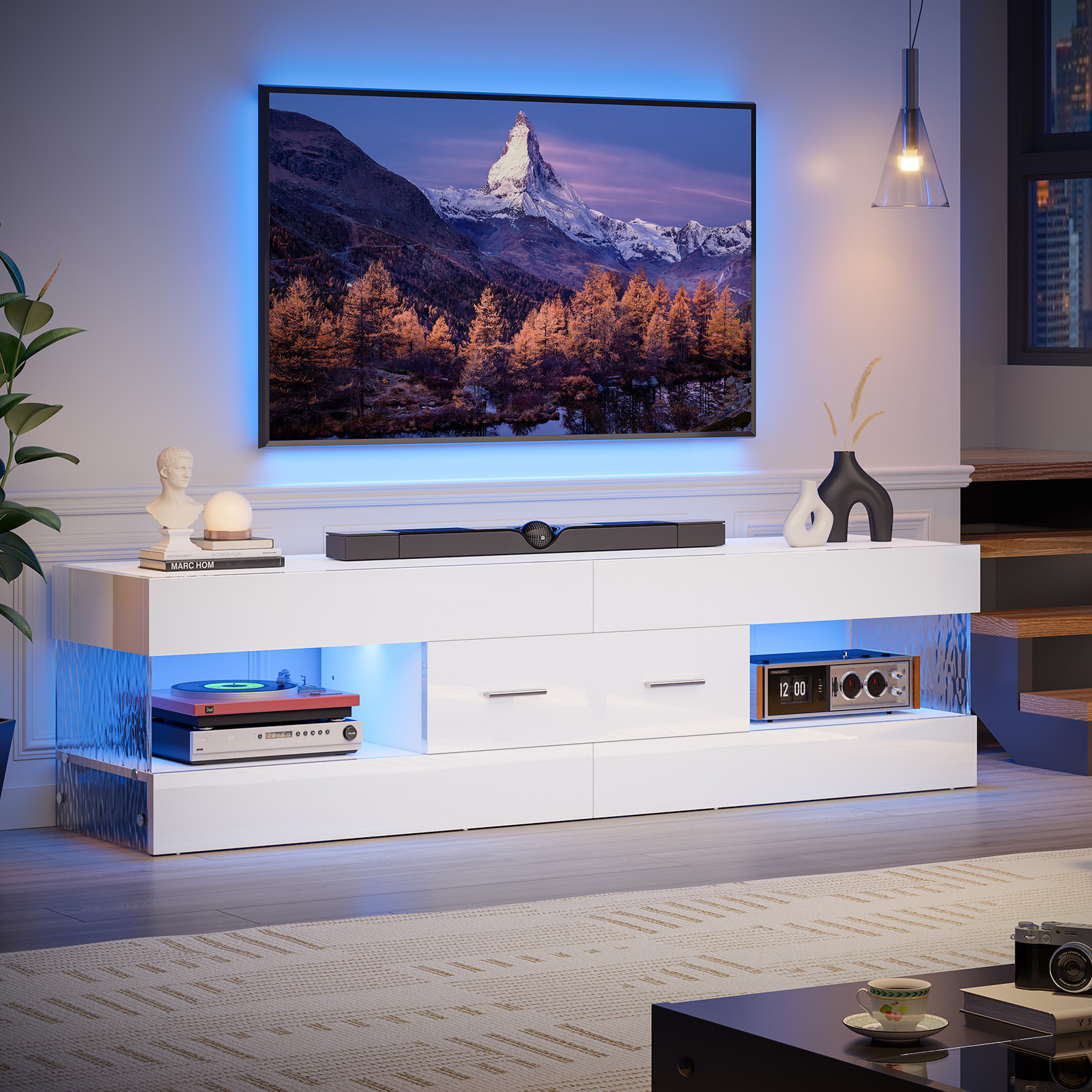 Image of White, High-gloss Tv Stand, Suitable For Tvs Up To 65 Inches, , With Drawers For Storage, Suitable For Living And Bedrooms.