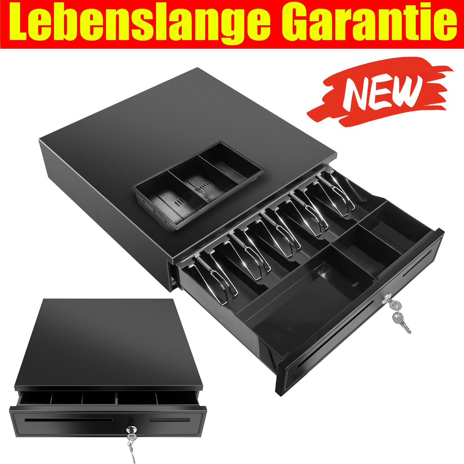 E-shop Kassenschublade Geldkassette mit 5 Scheinen 5 Geldstücken, herausnehmbare Fächer, Kassenautomat Schubladen Auto Manuell Öffnen, Schlüsselschloss