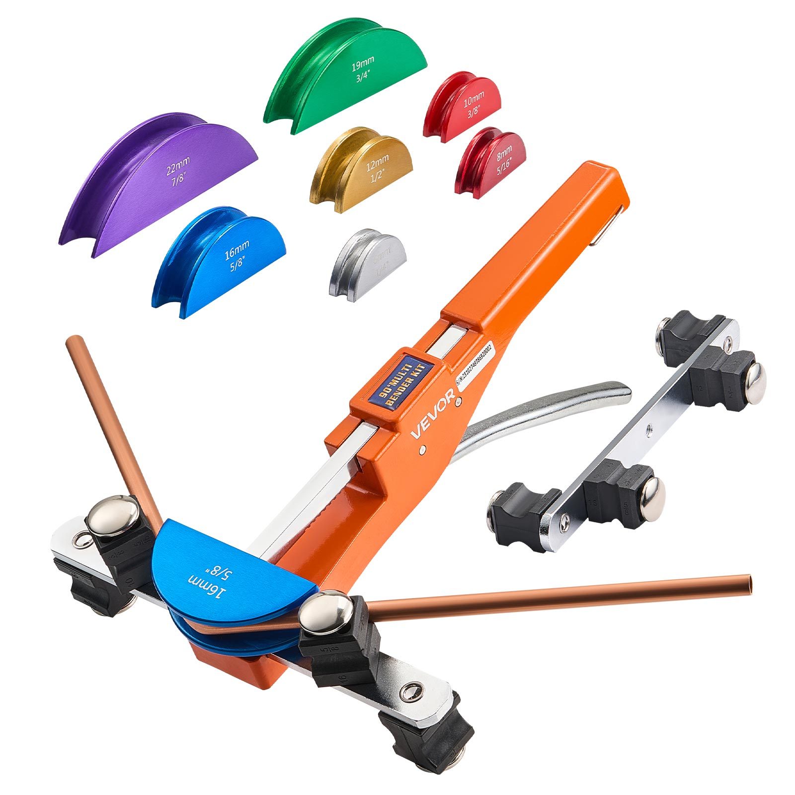 Vevor Tubing Bender Kit, 6 Mm To 22 Mm, Compact Ratcheting Tube Pipe Bender, Ratchet Hand Bending Tool, With 7 Color Aluminium Alloy Dies, Hvac Tools, For Copper Hvac Air Conditioning Refrigeration
