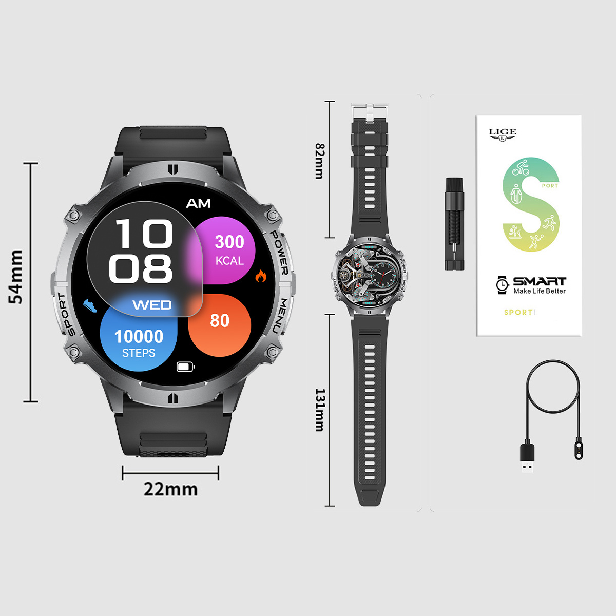 Montre Connectée Sport Homme avec Grand Écran AMOLED 1.73 Pouces / Batterie 900 mAh / Plus de 110 Modes Sportifs / Affichage Always-on / Suivi du Sommeil / Tracker Fitness pour Android iPhone