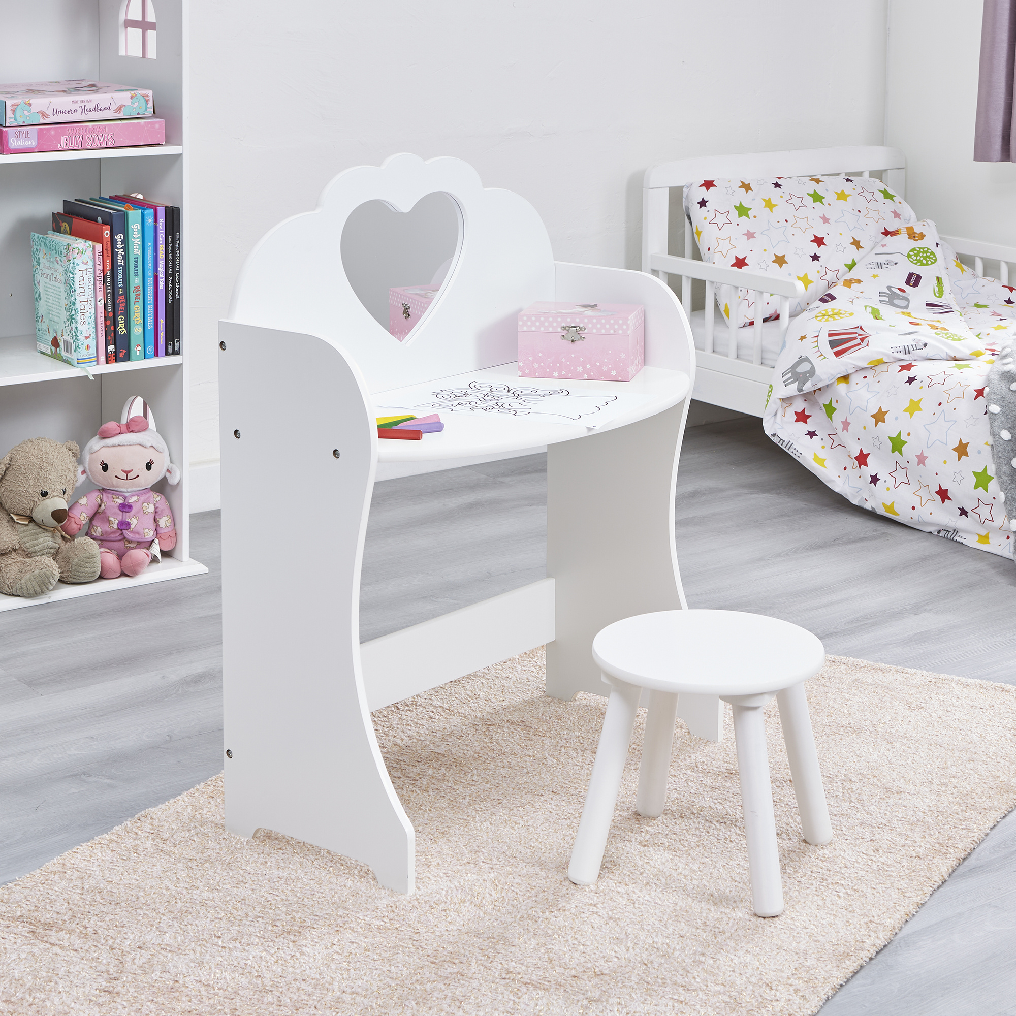 Liberty House Toys Kids White Wooden Dressing Table & Stool Set, White