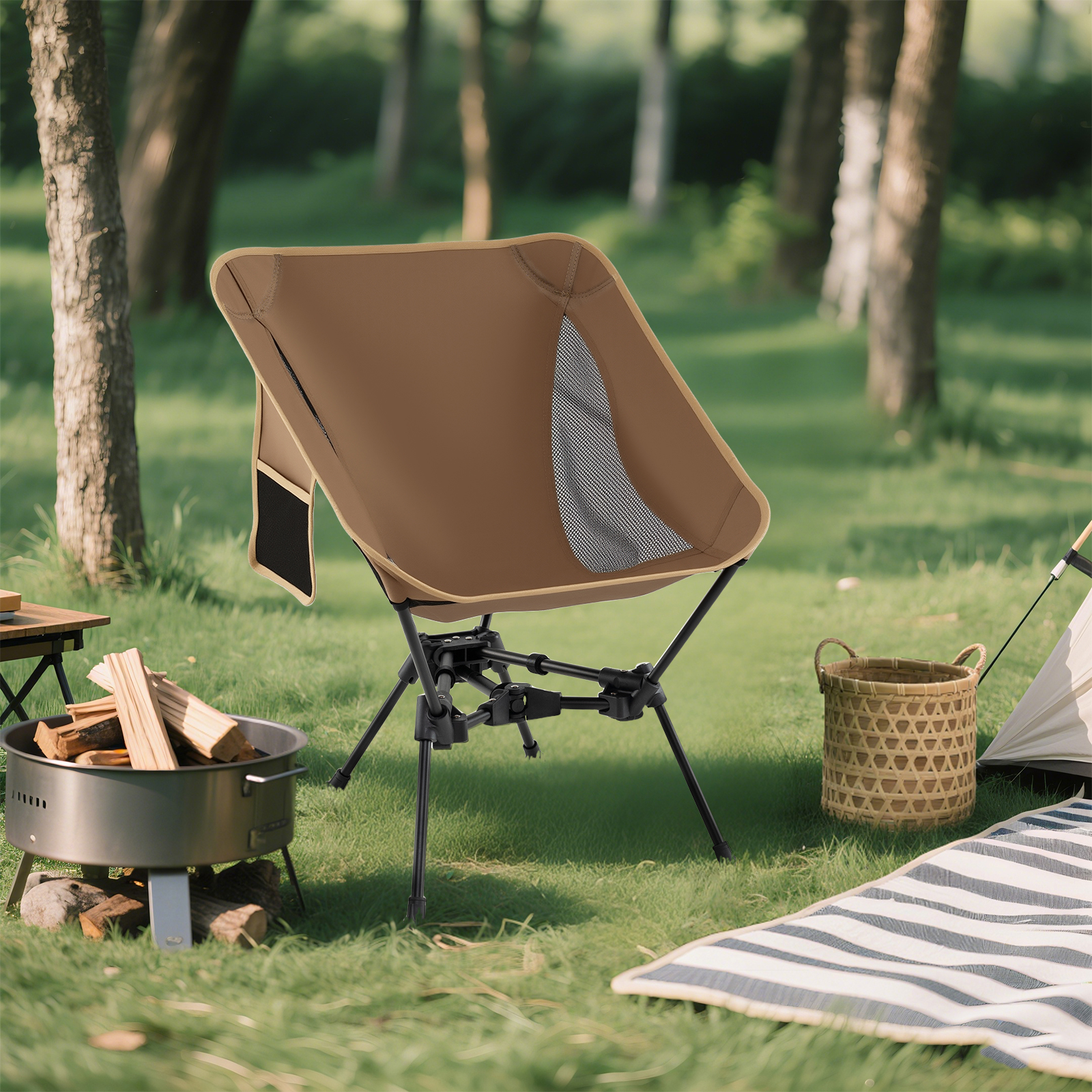 Image of Portable Camping Chair, Ultra-lightweight Foldable Backpacking Chair W/ Compact Carrying Bag, Collapsible For Hiking Travel Sports, 330 Lbs Loading Capacity