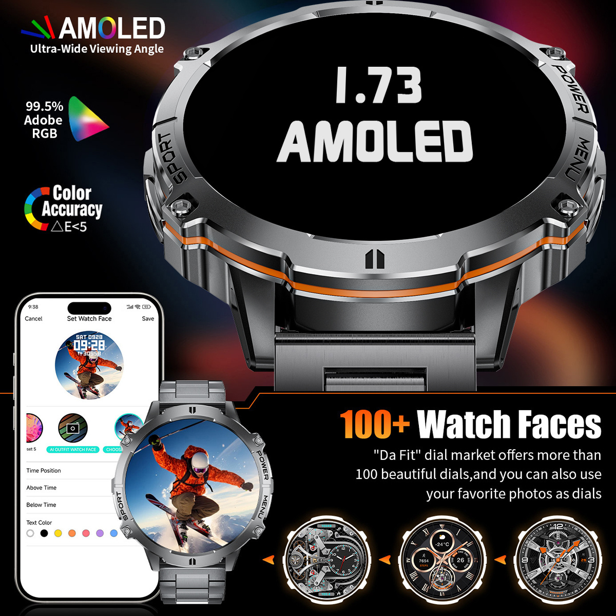 Montre Connectée Sport Homme avec Grand Écran AMOLED 1.73 Pouces / Batterie 900 mAh / Plus de 110 Modes Sportifs / Affichage Always-on / Suivi du Sommeil / Tracker Fitness pour Android iPhone